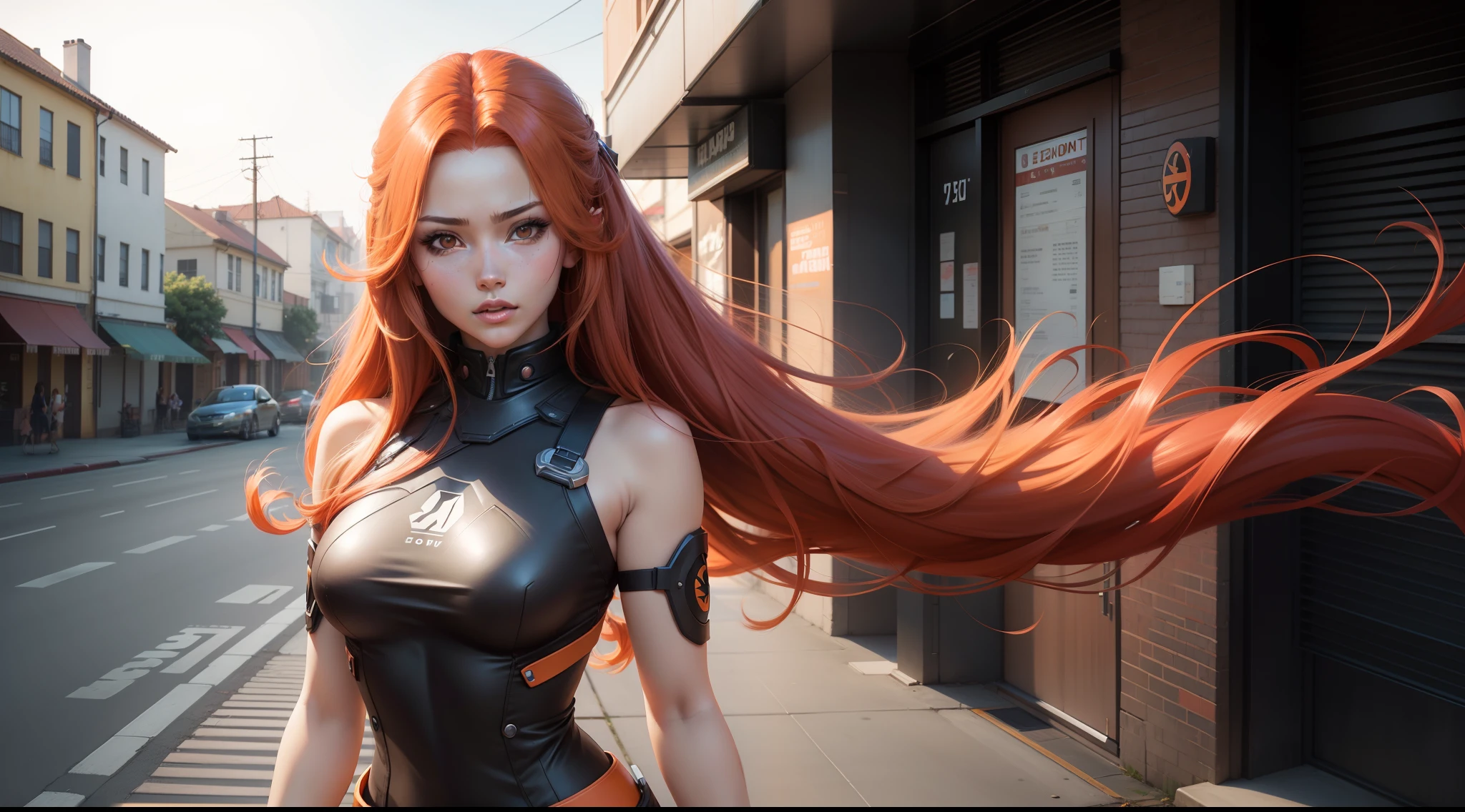Anime - Style woman with long red hair walking down a sidewalk, pele laranja e cabelo ardente longo, ela tem cabelos longos e redorange, roupa leeloo, cabelo longo de gengibre ventoso, cabelos longos de fogo, Linda Brigitte de Overwatch, cabelo laranja longo, no estilo artgerm, estilo artgerm, Trend in CGTacing:, photorealistic anime girl rendering