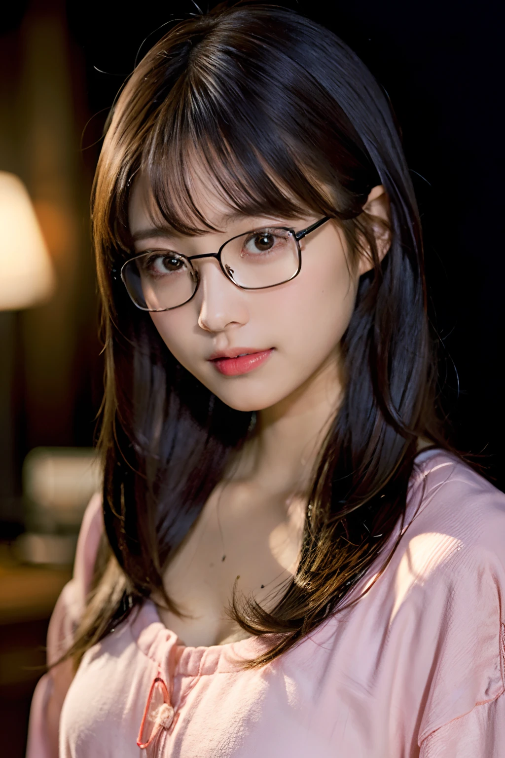 (8K、Raw photography、top-quality、masterpiece:1.2)、(realisitic、Photorealsitic:1.37)、ultra-detailliert、超A high resolution、女の子1人、see the beholder、beautifull detailed face、A smile with a little visible teeth、Constriction、(Slim waist) :1.3)、((Cute pajamas))、pastel clothing、Beautiful detailed skin、Skin Texture、Floating hair、((fluffy hairstyle))、large breasts with good shape、Professional Lighting、autumn night、Bedroom、((Black square glasses ))、Whole human body、Black hair、((Shameful appearance))、Pay attention to your audience、