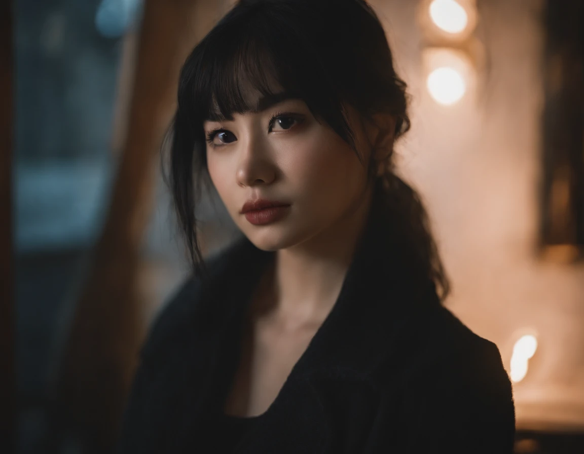 an anime girl who is staring at something that's a wall and the rest is in the dark, 1girl, blush, open mouth, black hair, bangs