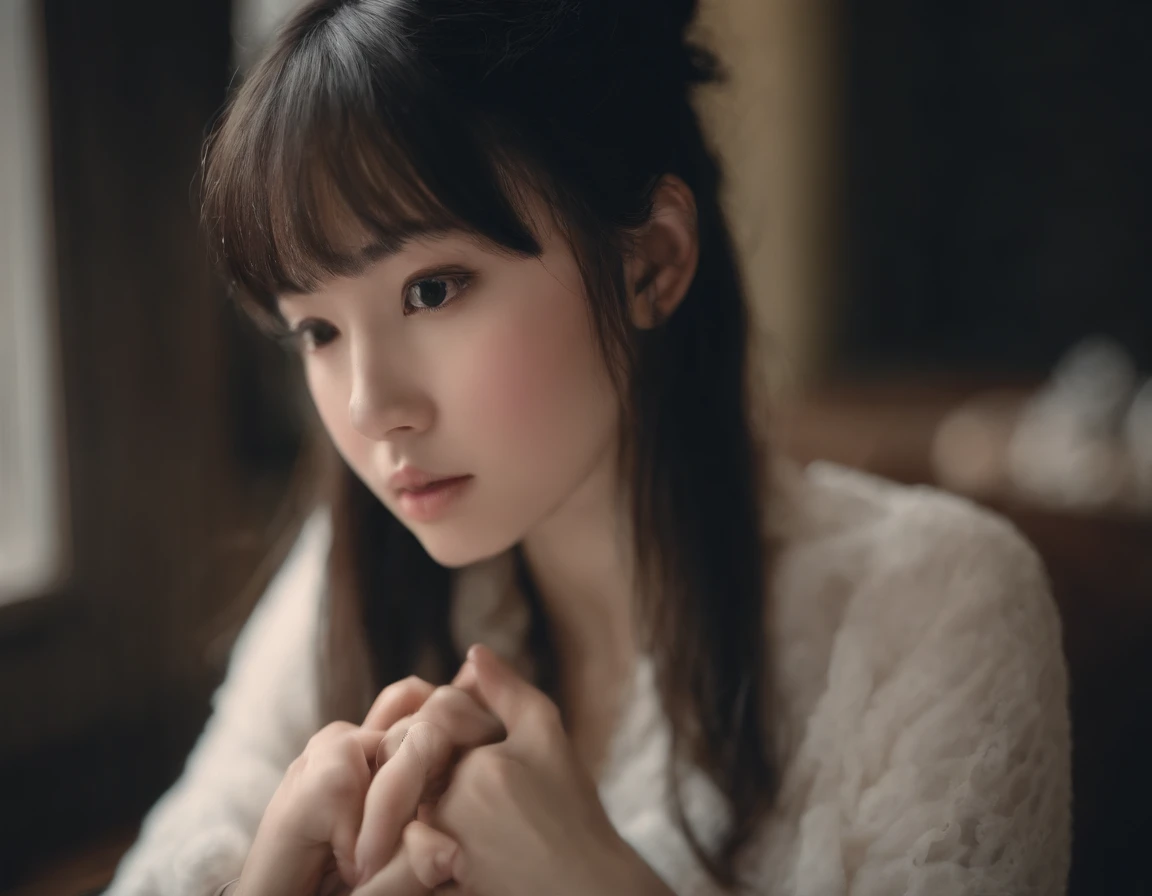 an anime girl who is staring at something that's a wall and the rest is in the dark, 1girl, blush, open mouth, black hair, bangs
