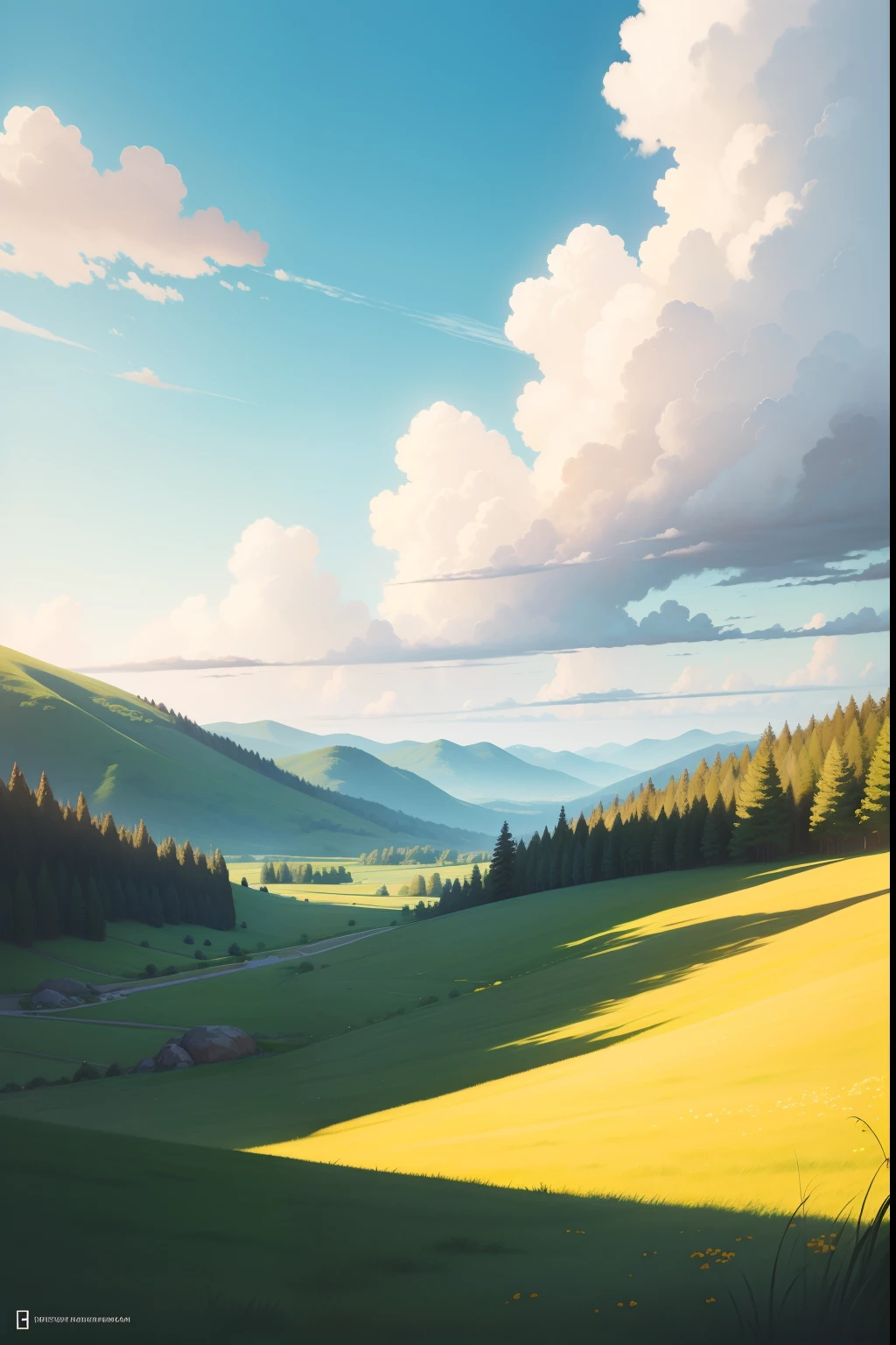 A painting of a summertime landscape, a wide open grassy hill, daytime light.