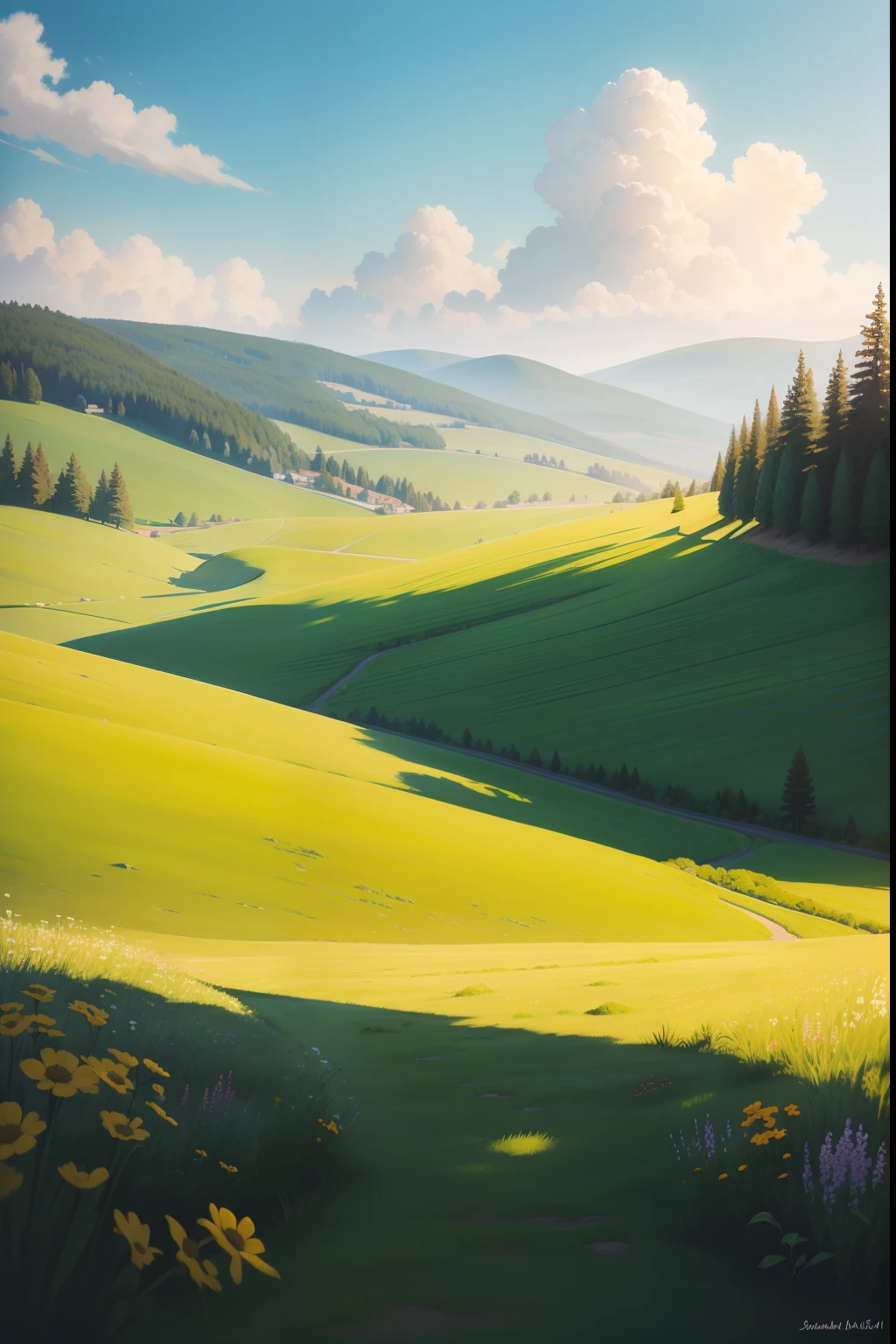 A painting of a summertime landscape, a wide open grassy hill, daytime light.
