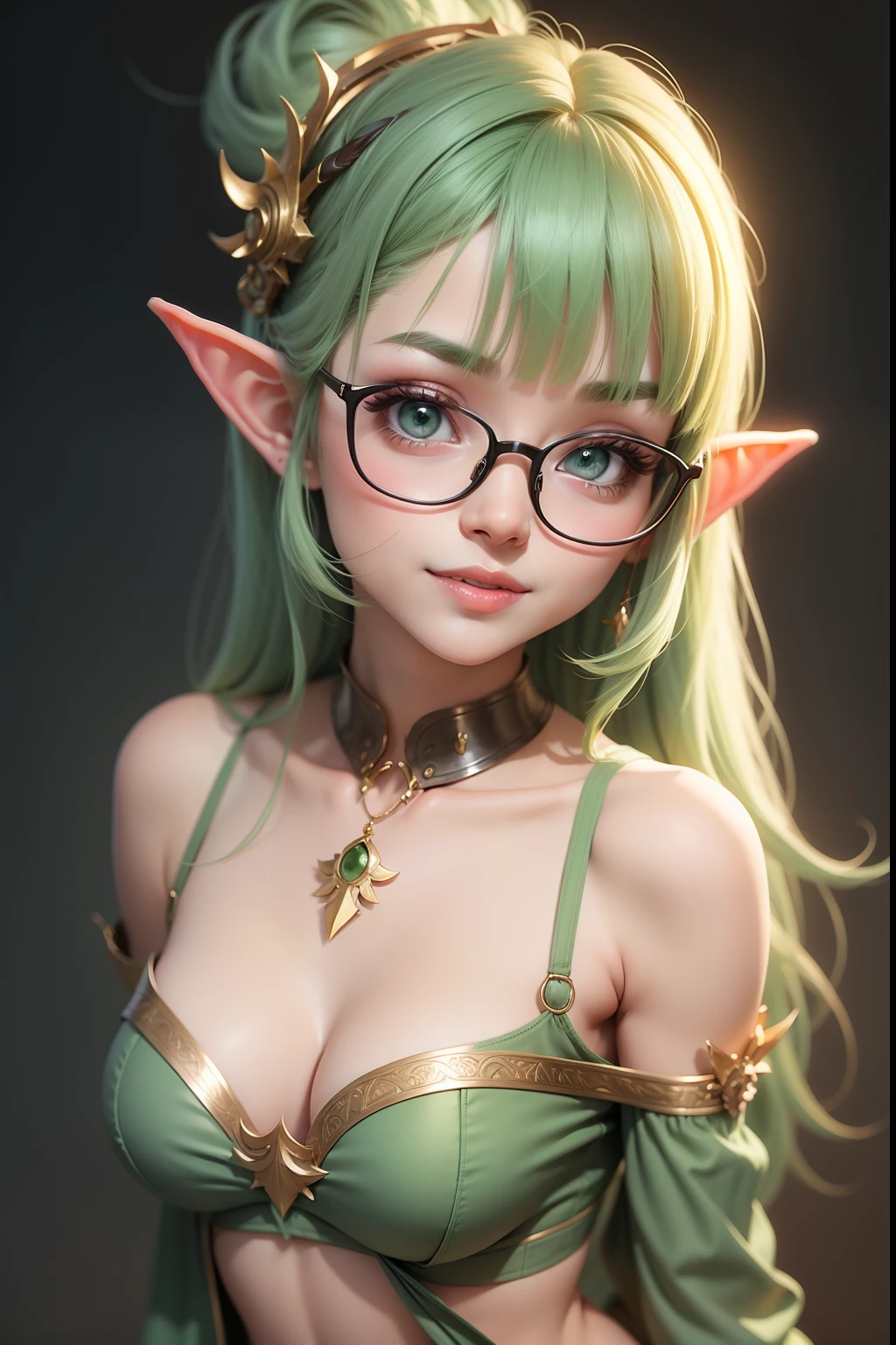 1 cute elf girl (18yo) glasses, upper body, slim waist, natural small breast, sexy pose, seductive expression, bangs, random hairstyle, cleavage, navel, collar, collarbone, off shoulder, seductive smile, wear intricately detail hot and sexy outfit, dancer costume, light green color, wear unique helmet, random light color, upper body. flat gray color for background