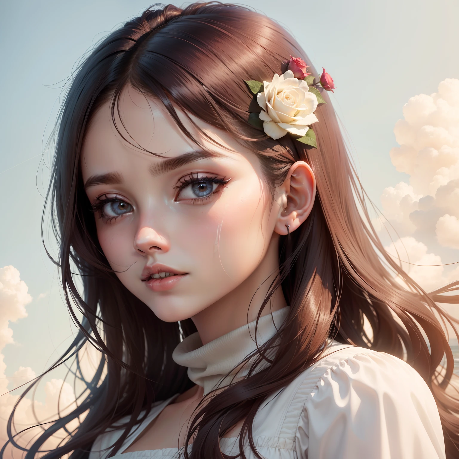 loreal facial serum with rose white background fly inthe sky with a beautiful girl
