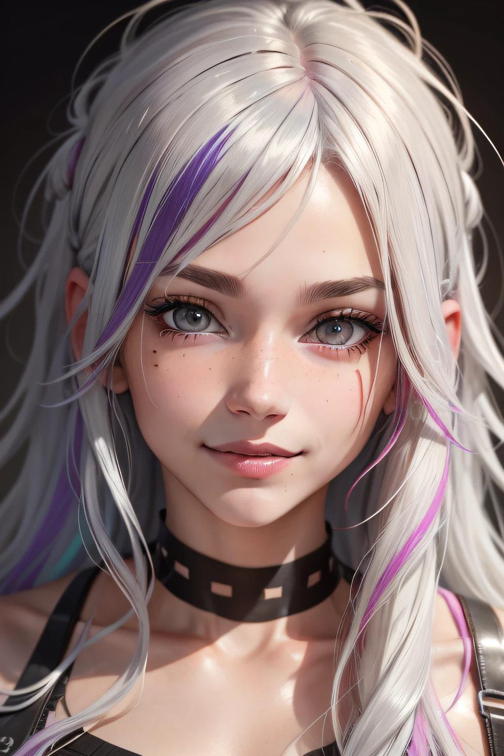 streaked hair, multicolored hair, silver hair, messy hair, mole under eye, pupils sparkling, smile, UHD, textured skin, super detail, high details, high quality, best quality, highres, 16k