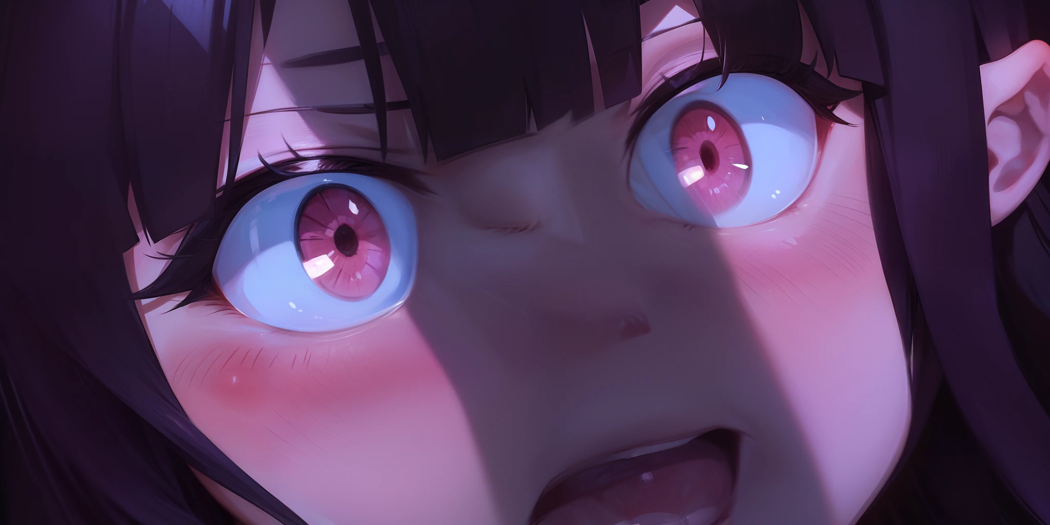 an anime girl who is staring at something that's a wall and the rest is in the dark, 1girl, blush, open mouth, black hair, bangs