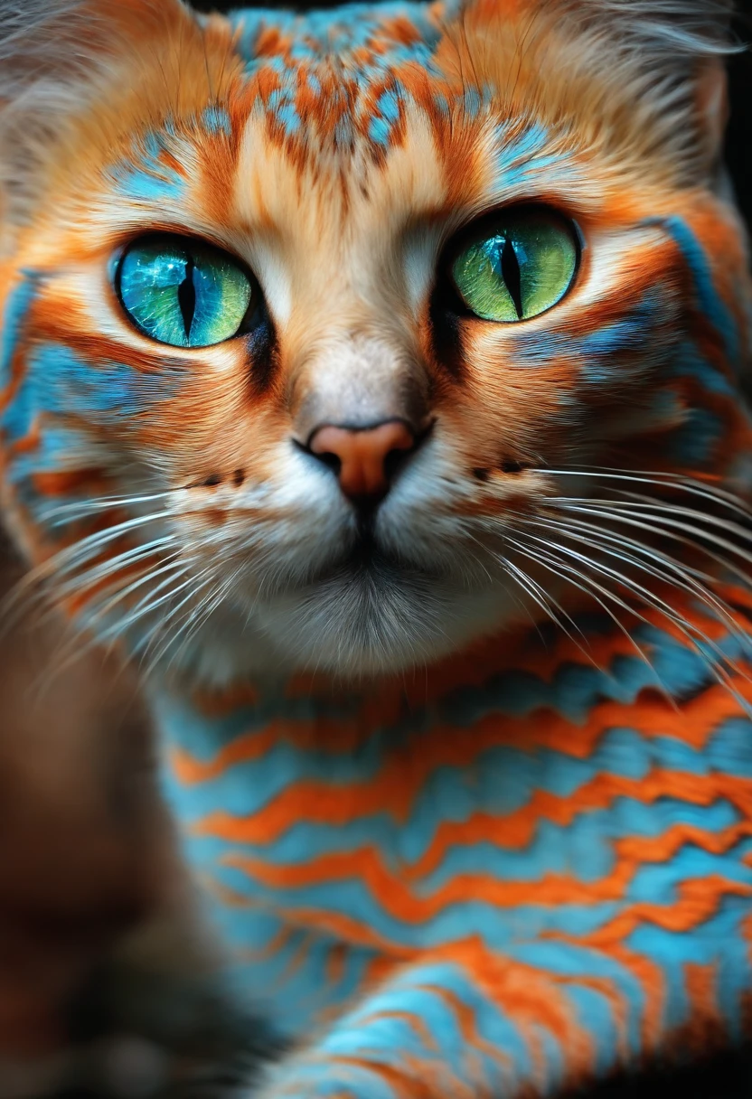 Uma imagem cativante de uma raposa realista com cores fluroscentes, cores brilhantes iriscentesem seu corpo, orelhas e cauda da raposa fluroscentes e brilhantes, Creating intricate patterns, lente grande-angular, grande abertura, ultra detail, hyperrealism, 4k