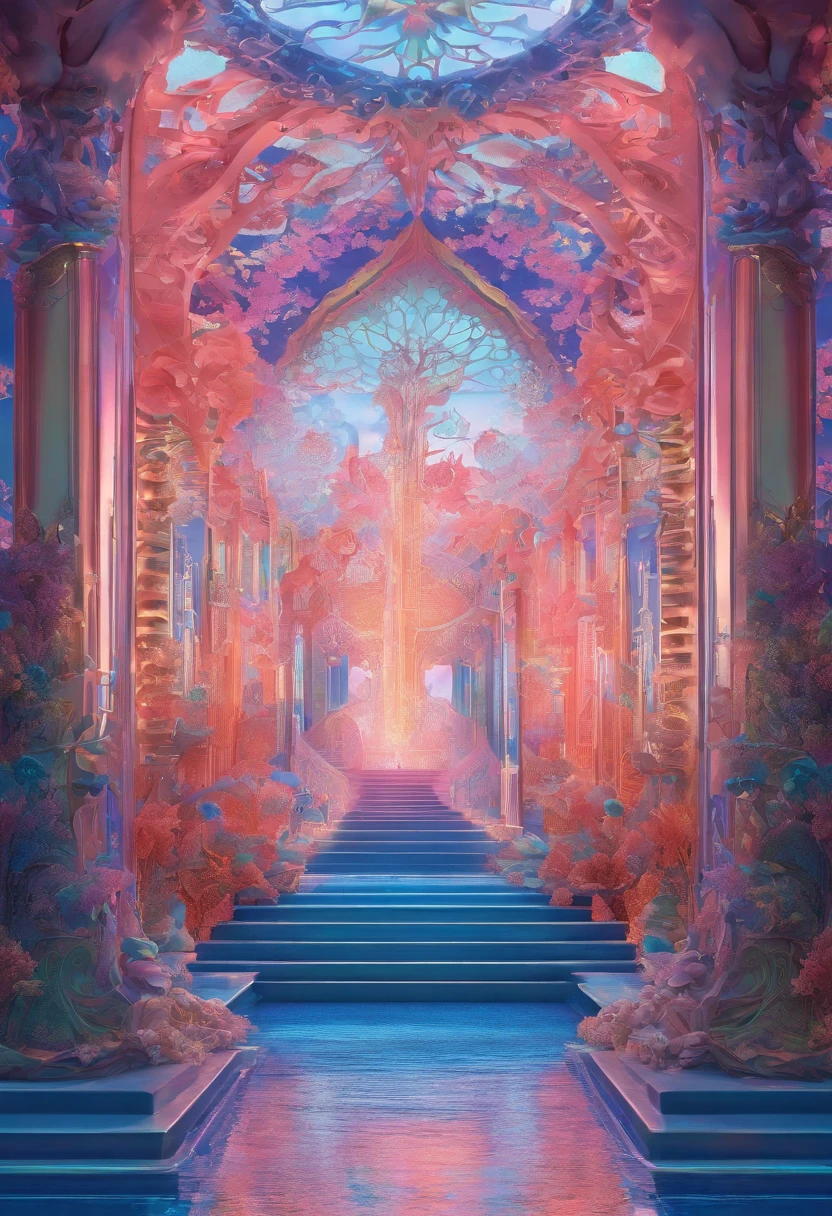 Virtual Scene Design, Coral Art Installation on Blue Sea, galvanized fiberglass with rainbow gradation, Surreal visual representation, majestic architecture, Unique, Convoluted, exquisitedetails,（blender, OC rendering, Natural light, Ray tracing, 8K）