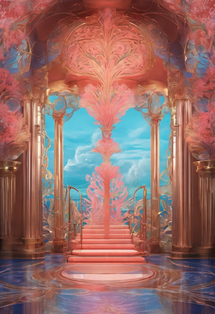 Virtual Scene Design, Coral Art Installation on Blue Sea, galvanized fiberglass with rainbow gradation, Surreal visual representation, majestic architecture, Unique, Convoluted, exquisitedetails,(blender, OC rendering, Natural light, Ray tracing, 8K)