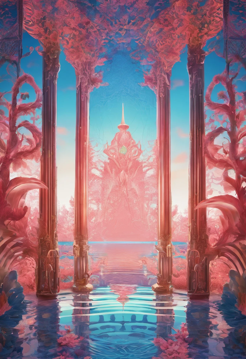 Virtual Scene Design, Coral Art Installation on Blue Sea, galvanized fiberglass with rainbow gradation, Surreal visual representation, majestic architecture, Unique, Convoluted, exquisitedetails,(blender, OC rendering, Natural light, Ray tracing, 8K)