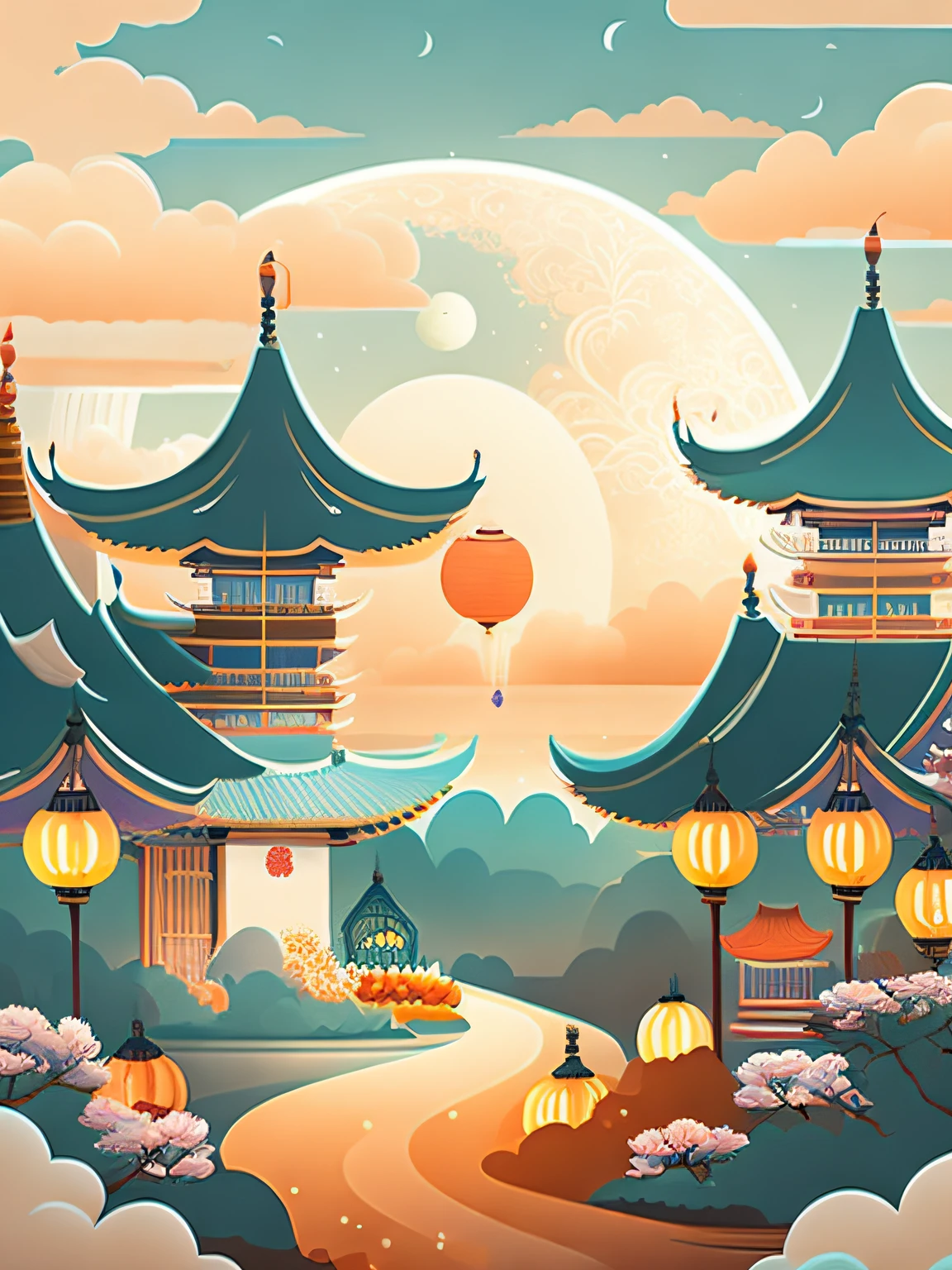 Art is commercial illustration,The theme is the Mid-Autumn Festival poster。The background is a scene of the moon and the moon palace,There are lanterns flying outside the moon。The center area of the picture is centered and typeset,The main body is Jade Rabbit making mooncakes。laurel、mont、Eau、Clouds and other details decorated,T-shirt design,rzminjourney,vectorial art
