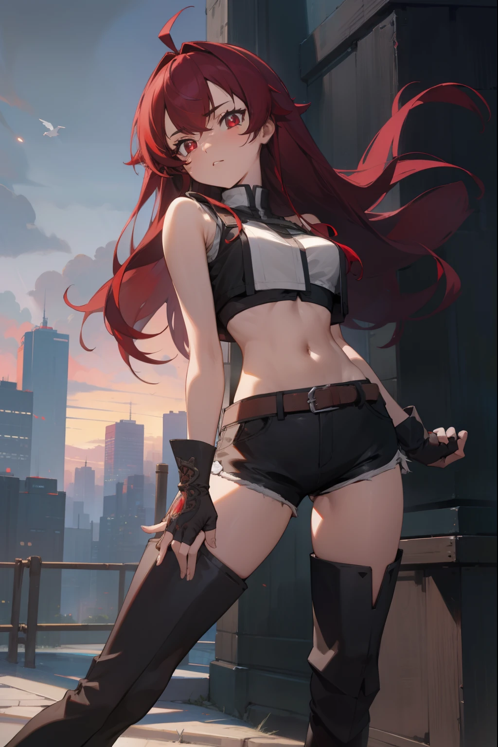 erisgreyrat, eris greyrat, ahoge, hair between eyes, long hair, (red eyes:1.5), red hair, sidelocks, (large breast:1.2),
BREAK bare arms, bare shoulders, belt, black footwear, black gloves, black shorts, black thighhighs, boots, crop top, fingerless gloves, gloves, midriff, navel, shirt, short shorts, shorts, sleeveless, sleeveless shirt, stomach, thigh boots, thighhighs, white shirt, wing collar
BREAK looking at viewer,
BREAK outdoors, city,
BREAK (masterpiece:1.2), best quality, high resolution, unity 8k wallpaper, (illustration:0.8), (beautiful detailed eyes:1.6), extremely detailed face, perfect lighting, extremely detailed CG, (perfect hands, perfect anatomy),