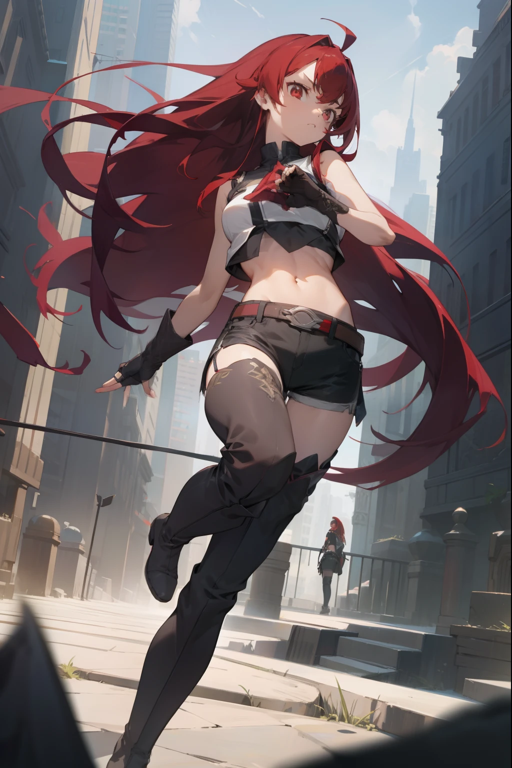 erisgreyrat, eris greyrat, ahoge, hair between eyes, long hair, (red eyes:1.5), red hair, sidelocks, (large breast:1.2),
BREAK bare arms, bare shoulders, belt, black footwear, black gloves, black shorts, black thighhighs, boots, crop top, fingerless gloves, gloves, midriff, navel, shirt, short shorts, shorts, sleeveless, sleeveless shirt, stomach, thigh boots, thighhighs, white shirt, wing collar
BREAK looking at viewer,
BREAK outdoors, city,
BREAK (masterpiece:1.2), best quality, high resolution, unity 8k wallpaper, (illustration:0.8), (beautiful detailed eyes:1.6), extremely detailed face, perfect lighting, extremely detailed CG, (perfect hands, perfect anatomy),