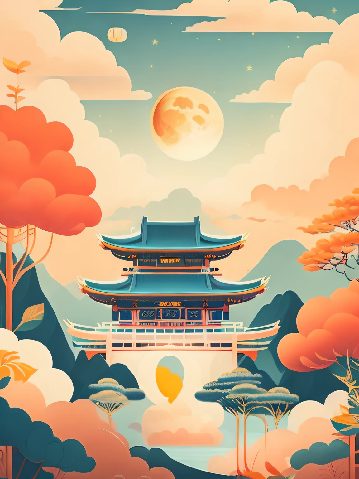 Art is commercial illustration,The theme is the Mid-Autumn Festival poster。The background is a scene of the moon and the moon palace,There are lanterns flying outside the moon。The center area of the picture is centered and typeset,The main body is Jade Rabbit making mooncakes。laurel、mont、Eau、Clouds and other details decorated,T-shirt design,rzminjourney,vectorial art
