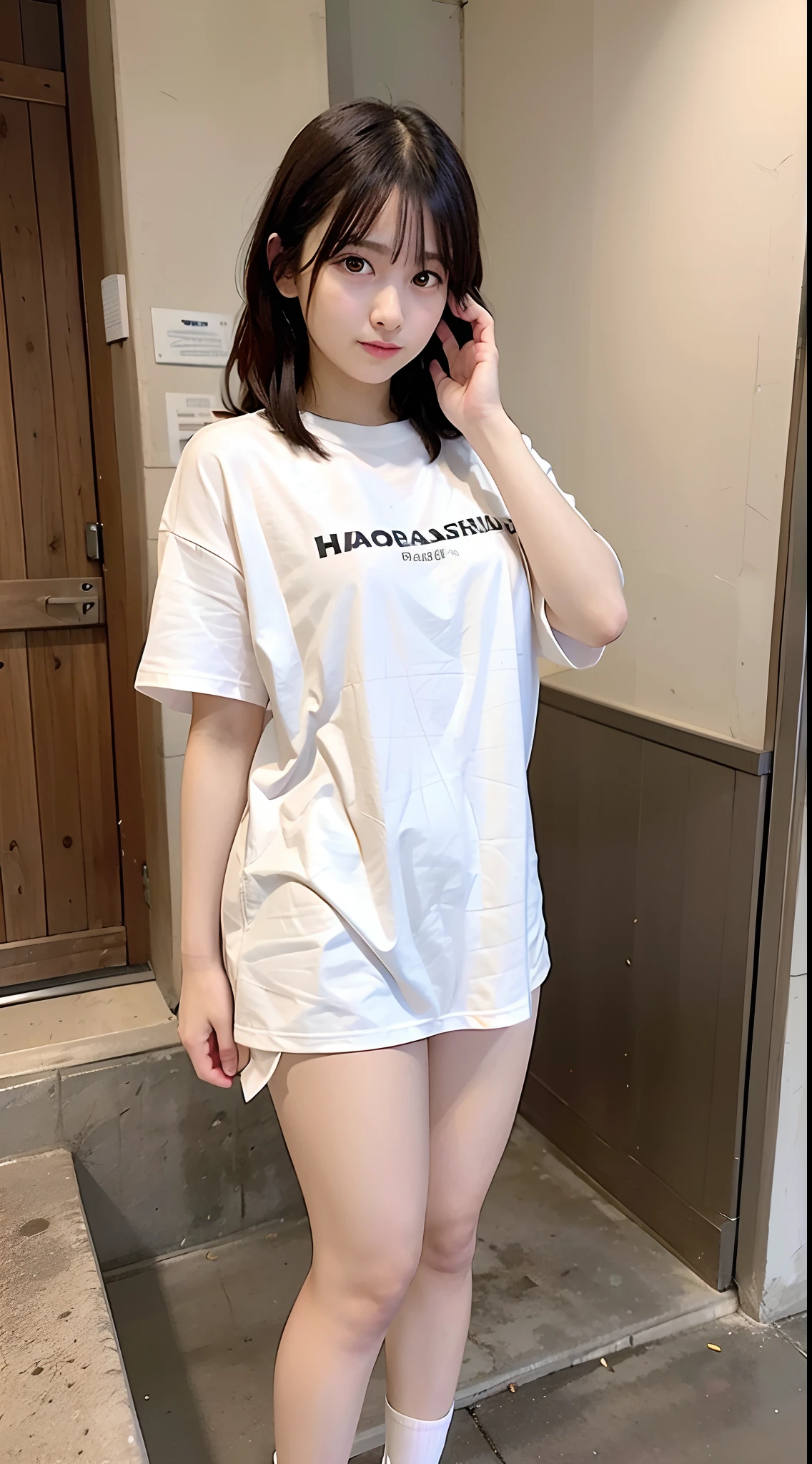 Very cute face、smile、歳girl、Fluffy long hair、Beautiful legs、Beautiful body、Thin legs、White skin、Black T-shirt、Black mini skirt、白いパンティ少し見えている、sea
