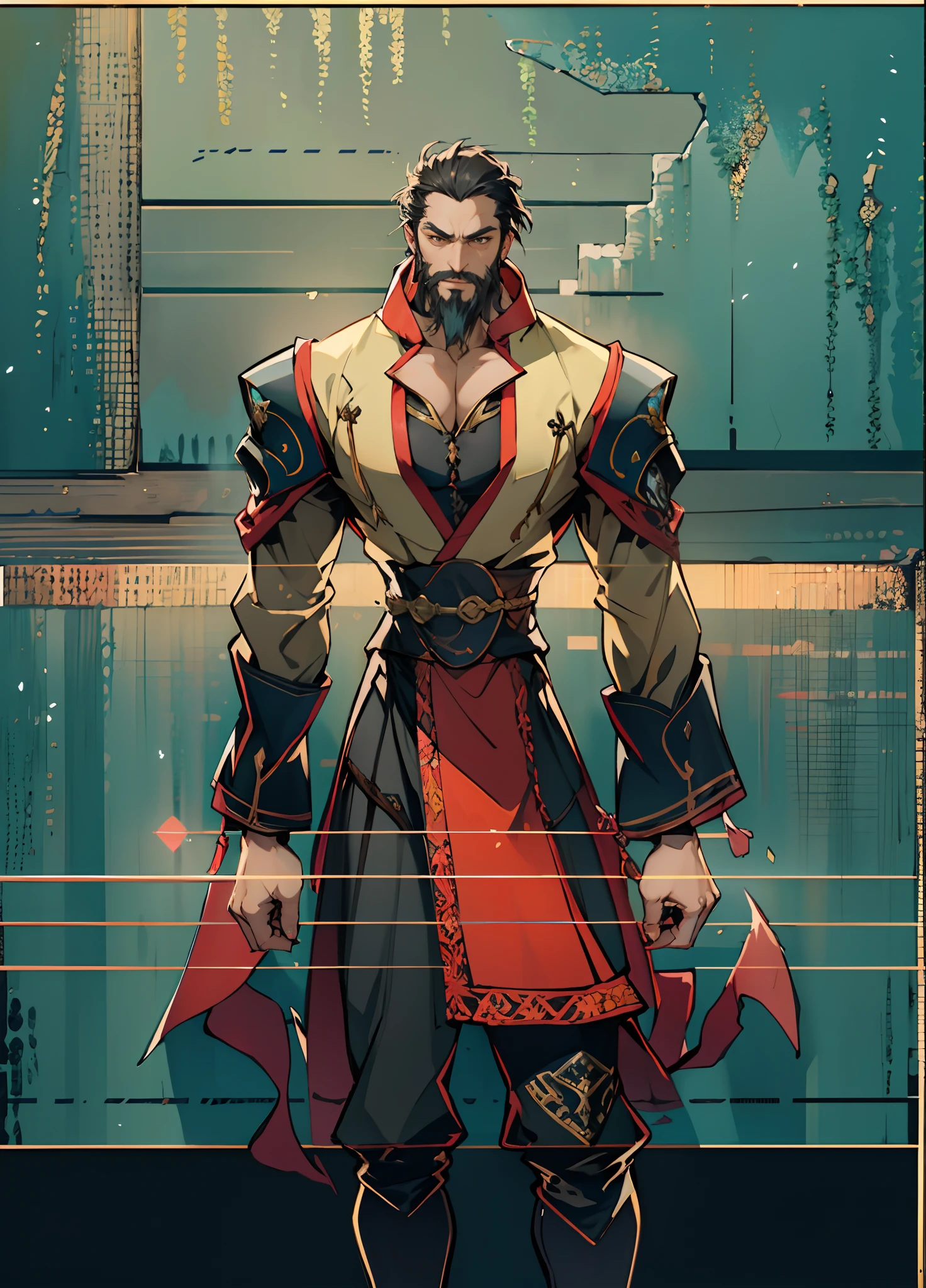 a middle-aged man around 50 years old, with a beard and well-defined facial features, a loose two-piece fantasy-realism style Dao robe, with black as the main color and red as the accent color in the design, this character embodies a finely crafted fantasy-style Chinese martial hero design in anime, characterized by a sophisticated and mature manga art style, high definition, best quality, highres, ultra-detailed, ultra-fine painting, extremely delicate, professional, anatomically correct, symmetrical face, extremely detailed eyes and face, high quality eyes, creativity, RAW photo, UHD, 8k, Natural light, cinematic lighting, masterpiece:1.5