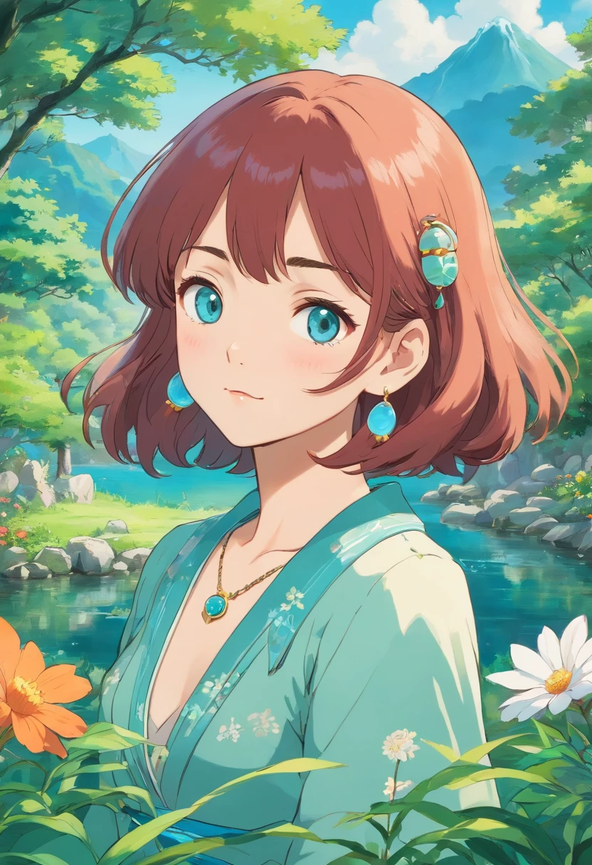 Girl in an anime collar, Long necklaces and earrings, In the style of a tranquil garden landscape, colorful animation stills, Masami Teraoka, aquamarine, paul gauguin, Embry style, Honest portrayal
