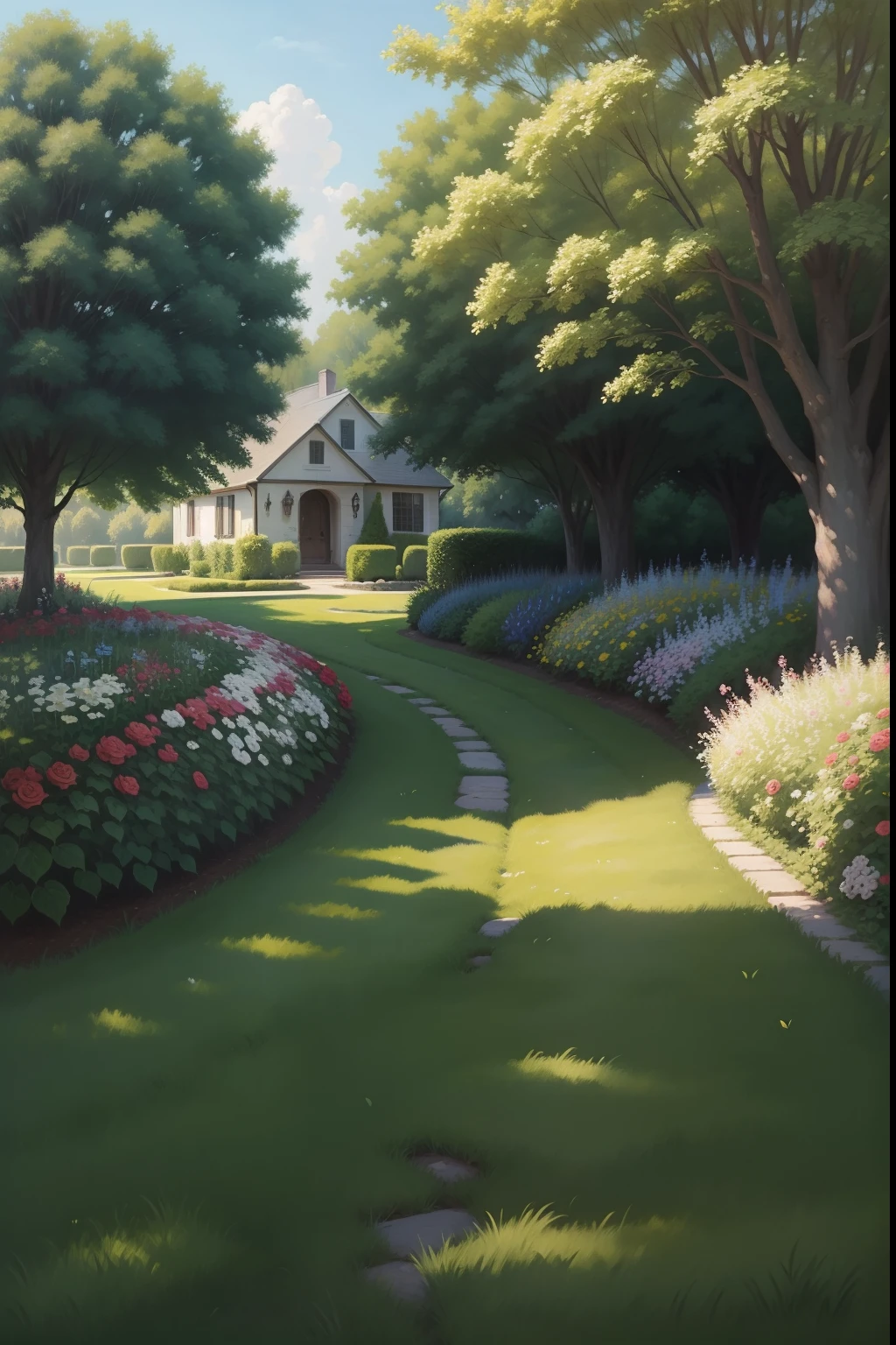 A painting of a summertime landscape, green trees, green grass, with a big rose bush in a garden, daytime light.