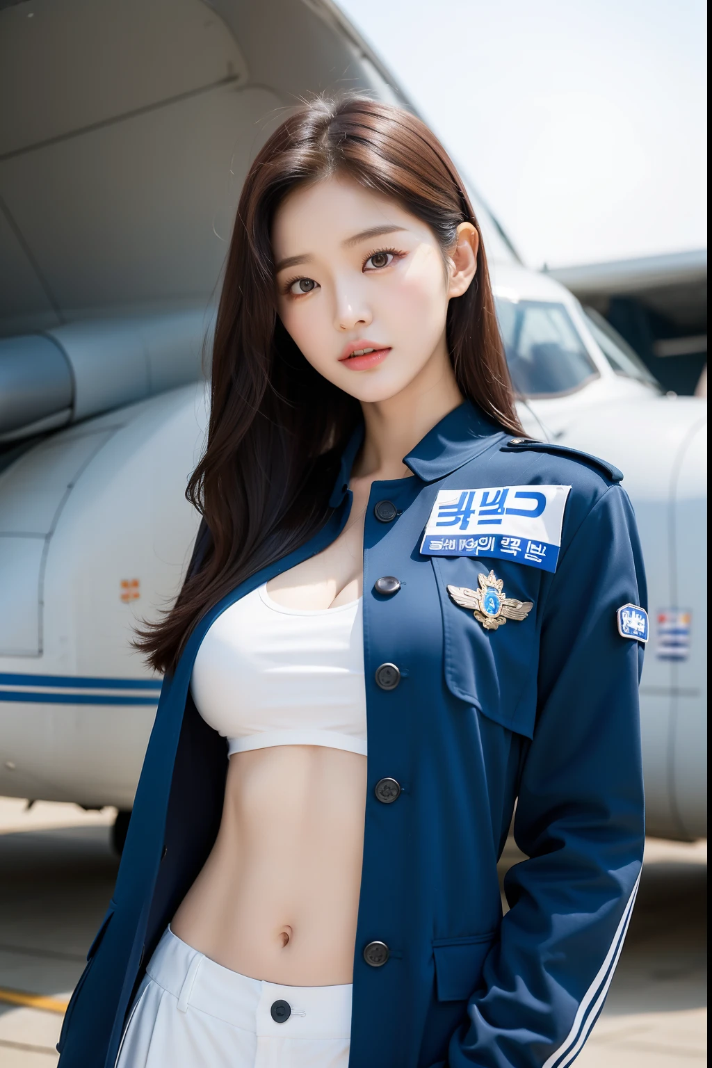 arafed asian woman in a blue and white uniform standing in front of a plane, cute pilot girl, korean girl, jaeyeon nam, beautiful south korean woman, cute girl wearing tank suit, pilot girl, taejune kim, korean woman, heonhwa choe, gorgeous young korean woman, girl with warship parts, wearing dirty ripped flight suit, beautiful south korean woman, korean girl, beautiful young korean woman, korean woman, heonhwa choe, korean women's fashion model, sexy look, big breast, sexy pose, show breast, grey hair
