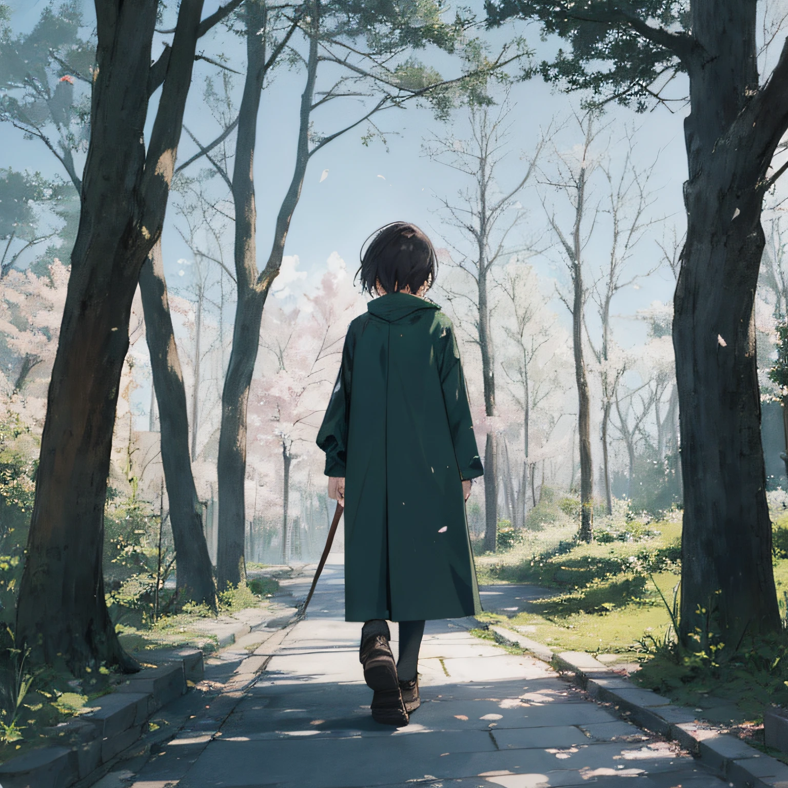 （in woods）（friend）（stroll）