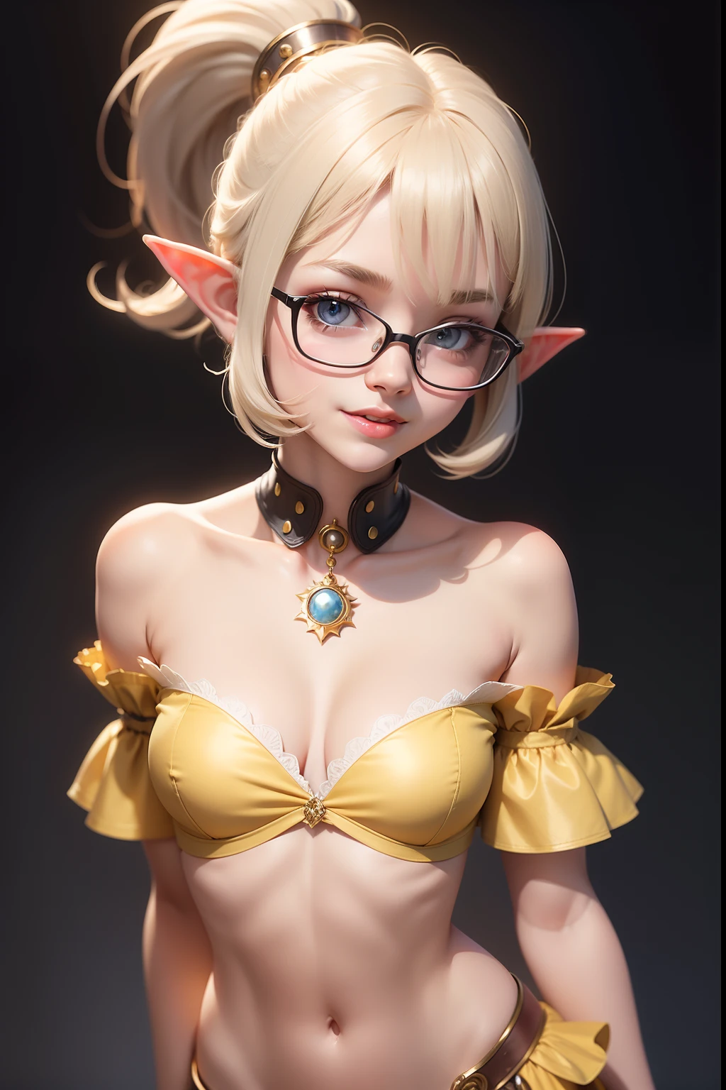 1 cute elf girl (18yo) glasses, upper body, slim waist, natural small breast, sexy pose, seductive expression, bangs, random hairstyle, cleavage, navel, collar, collarbone, off shoulder, seductive smile, wear intricately detail hot and sexy outfit, demon costume, shiny gold and glowing red color, wear unique helmet, random light color, upper body. flat gray color for background