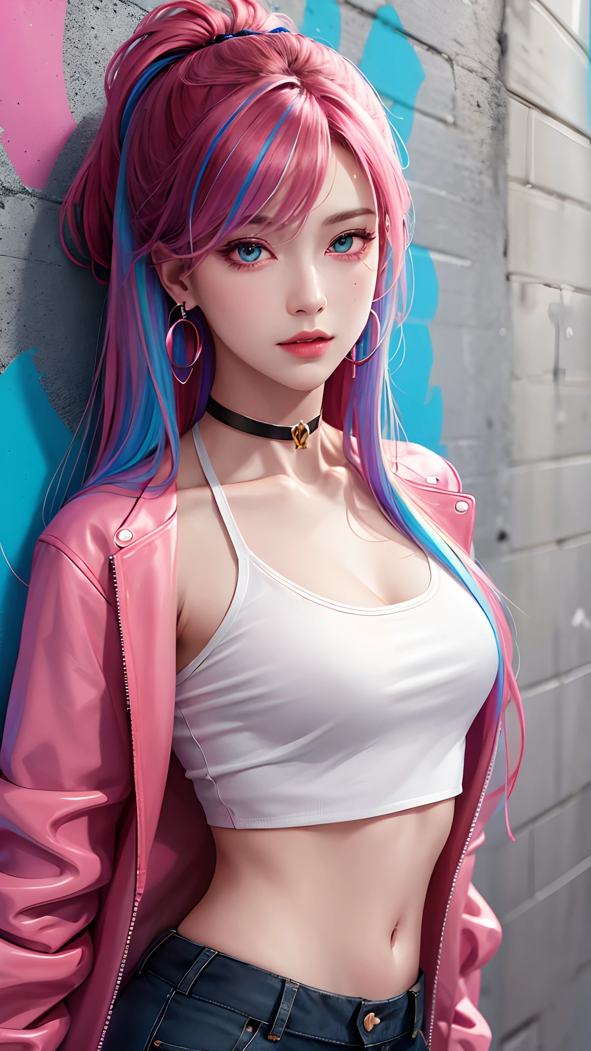 (masterpiece, best quality, 1girl, solo, intricate details, chromatic aberration), realistic, ((medium breath)),long hair, rainbow hair, red head ornament, colorful highlights, hair over one eye, detailed eyes, earrings, sharp eyes, choker, neon shirt, open jacket, crop top, (symmetry eyes),(perfect symmetrical body),against wall, brick wall, graffiti, dim lighting, alley, look at viewer, attractive style,