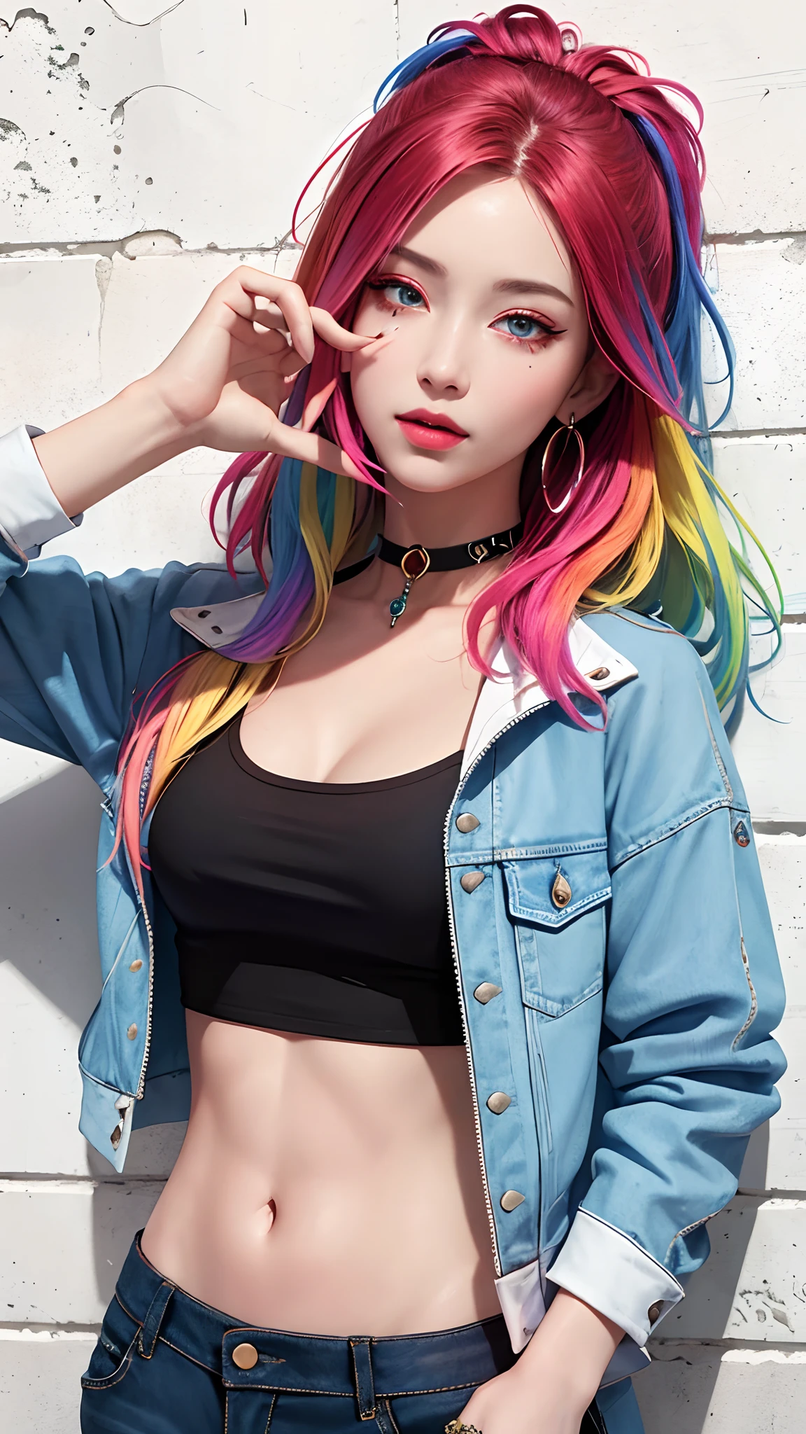 (masterpiece, best quality, 1girl, solo, intricate details, chromatic aberration), realistic, ((medium breath)),long hair, rainbow hair, red head ornament, colorful highlights, hair over one eye, detailed eyes, earrings, sharp eyes, choker, neon shirt, open jacket, crop top, (symmetry eyes),(perfect symmetrical body),against wall, brick wall, graffiti, dim lighting, alley, look at viewer, attractive style,