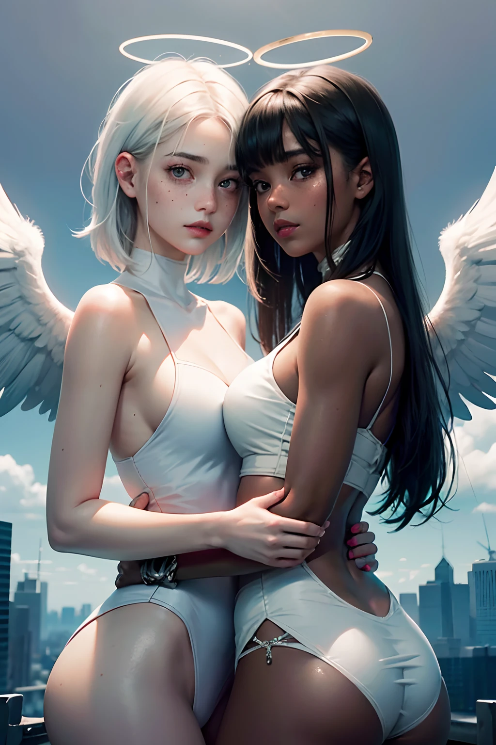 2girls,duo,super big eyes,raw photograph,realistic,faded freckle, 2girls,one girl has dark skin the other has white skin, the white girl has short white hair with pink tips, the other dark skinned girl has black hair with blue tips, {{{halo}}}, angel wings