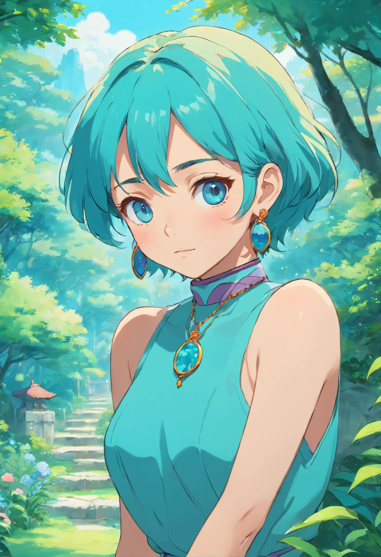 Girl in an anime collar, Long necklaces and earrings, In the style of a tranquil garden landscape, colorful animation stills, Masami Teraoka, aquamarine, paul gauguin, Embry style, Honest portrayal