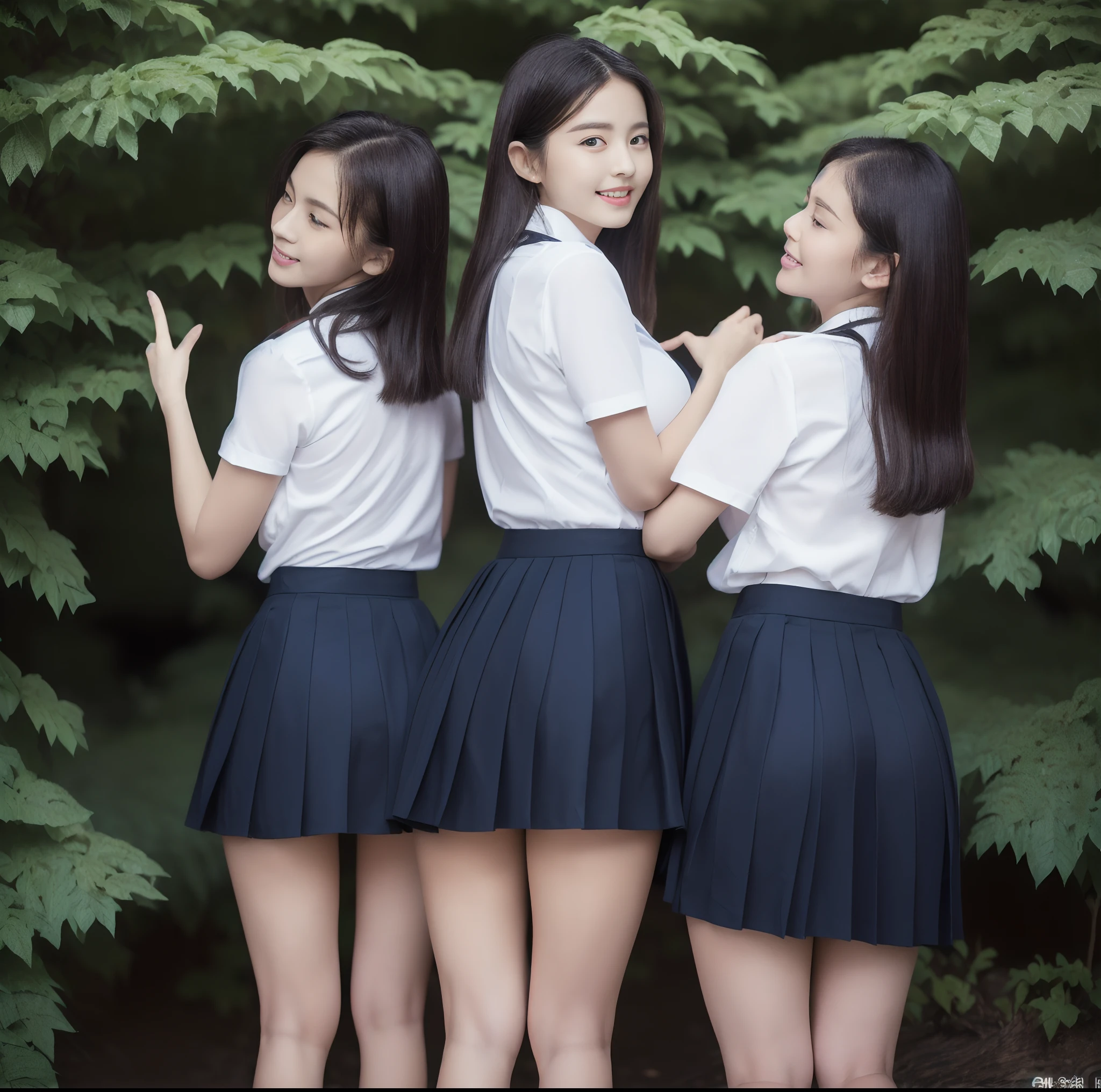 (top-quality)、 (masterpiece)、(profetional lighting)、 (Bewitching:1.5)、 (A hyper-realistic)、(Stylish), (intricate detailes)、 (Perfect anatomical depiction of the human body)、(Girl standing proudly in front of camera with chest turned、Another girl on the other side is pointing her ass at the camera), ( Huge breasts:1.2), (Beautiful, smooth, bright whitening skin without wrinkles and steps,:1.5), (Beautiful bright blue eyes with dazzling squinting long eyelashes and red tear bags)、(shiny little lips)、 (Brunette's half-up hair shines in the backlight), (Wearing a micro mini skirt on a schoolgirl uniform:1.2)、(Girls' high school uniforms are very cramped due to large breasts, however、The upper body hides the skin without gaps、Eta、It is a design that beautifully complements the big buttocks.:1.5), (This is a photo taken with squinted eyes and a cute smile...), (In one hand, Flipping up the skirt、Put your fingers on your proud crotch and show it off from the front:2.0), (The other girl on the other side turned away、Showing off your proud super big ass from directly behind.、Bend over and expose her ass:1.3), (the face is chubby), (They touch face to face、Kissing:1.3), (A detailed face), (Shot in a garden full of flowers:1.3), irene1, Shirt