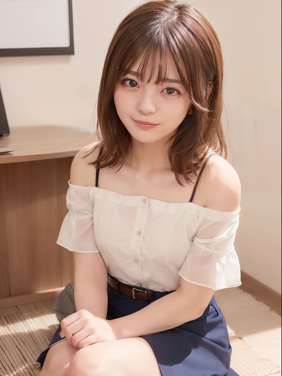 ((of the highest quality, 8K, masutepiece: 1.3, Raw photo)), Sharp Focus: 1.2, (1 AESPA Girl :1.1), Solo, (Realistic, Photorealistic: 1.37), (Face Focus: 1.1), Cute face, hyperdetailed face, brunette short messy hair, Small Smile, slender, , (Office uniforms like off-shoulder chiffon dresses, business skirt: 1.2), (Sit on one knee upright: 1.3), Office, flower, dahlia