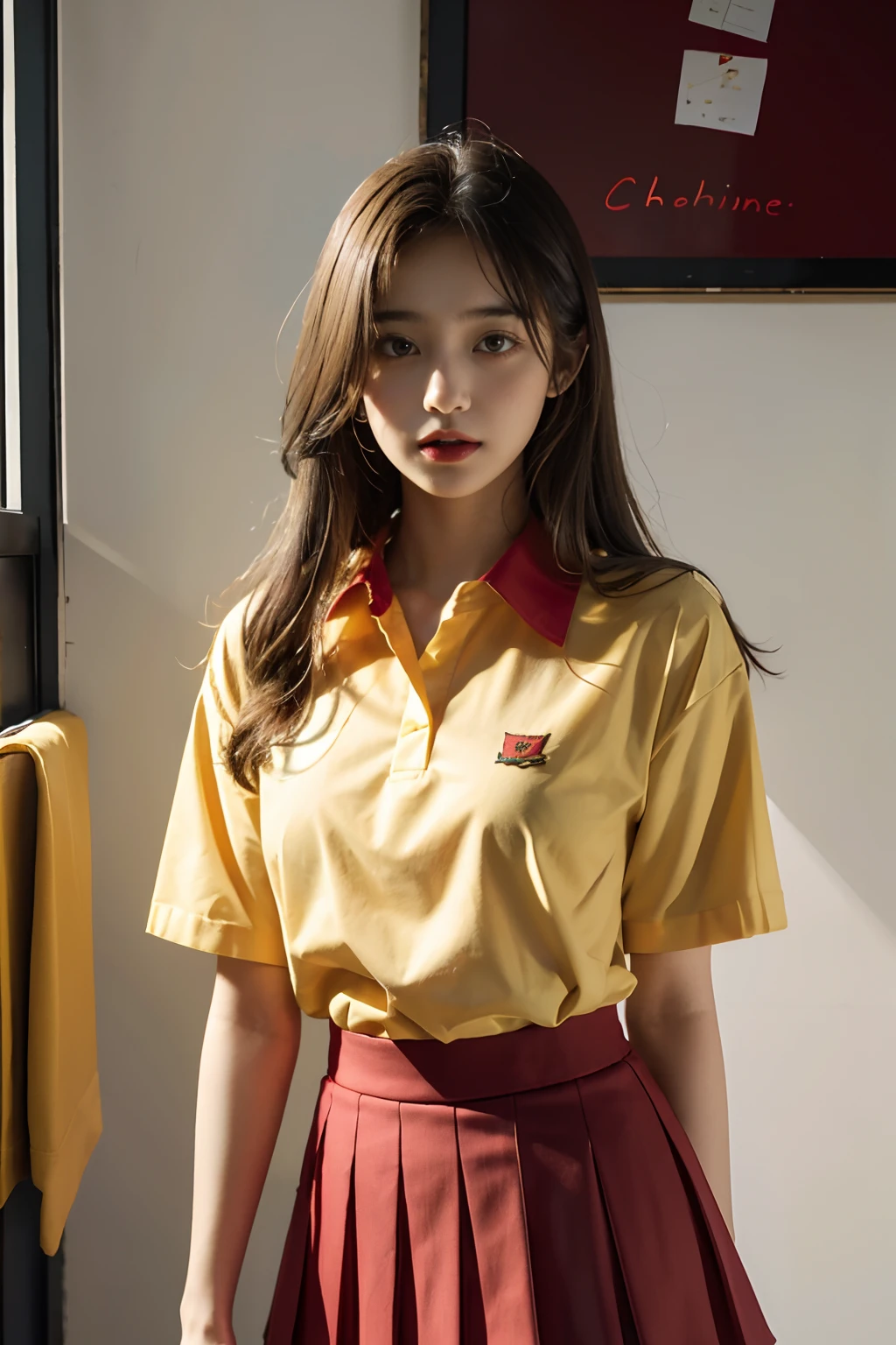 absurdress，Highres，Hyperdetailed），Highres，1girle，PerfectNwsjMajic，fulllllbody，looks at the viewer，s mouth open，Open your clothes，Come and kiss， yellow with red collor (red collor)shirt and red skirt  school uniforms，15-year-old student. School uniform.( Yellow shirt with red collar.)(( Red skirt.))