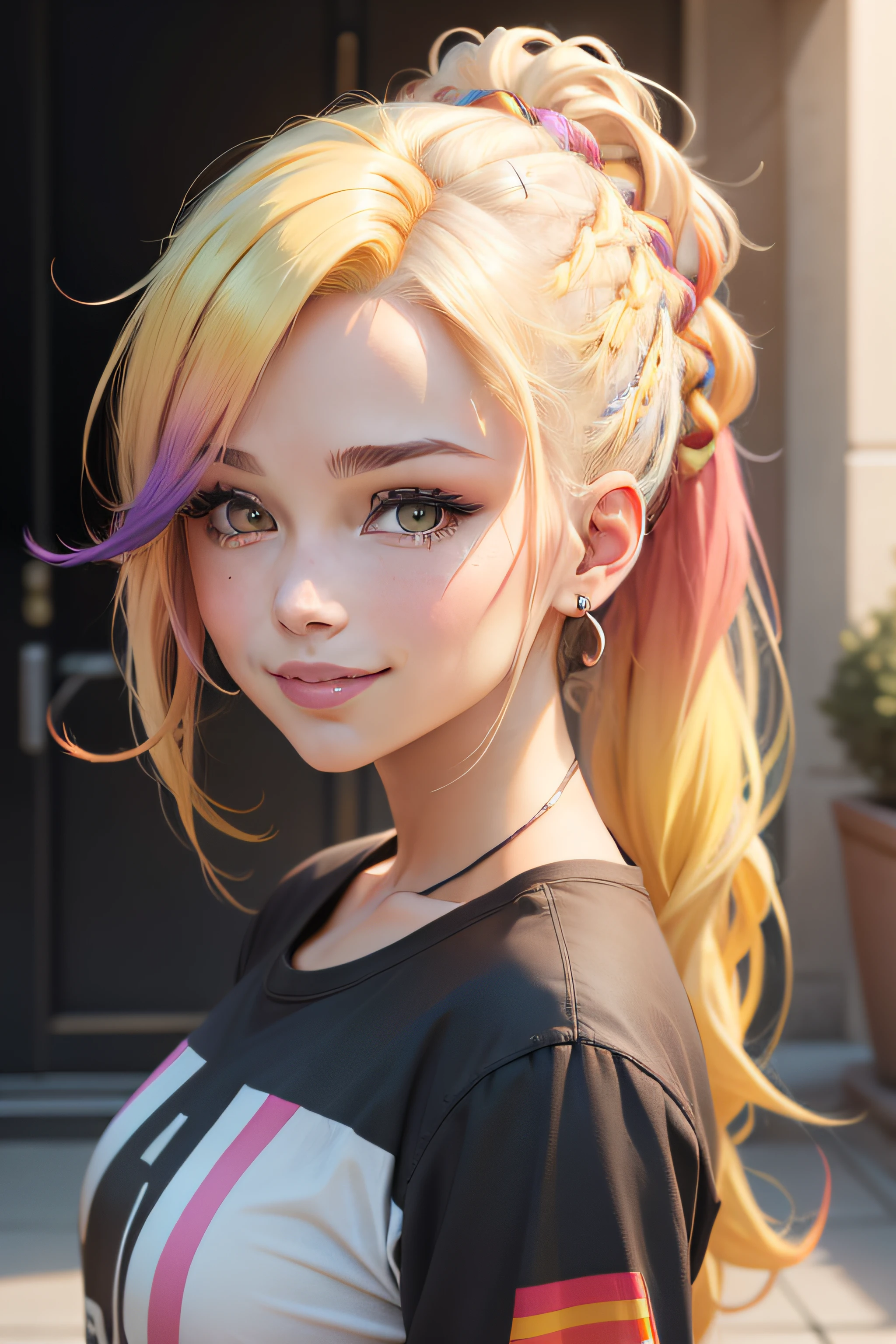 multicolored hair, blonde hair, gradient hair, double bun, undercut, smile, shy, modern, Hyperrealism, UHD, ccurate, anatomically correct, super detail, highres, 8k, best quality
