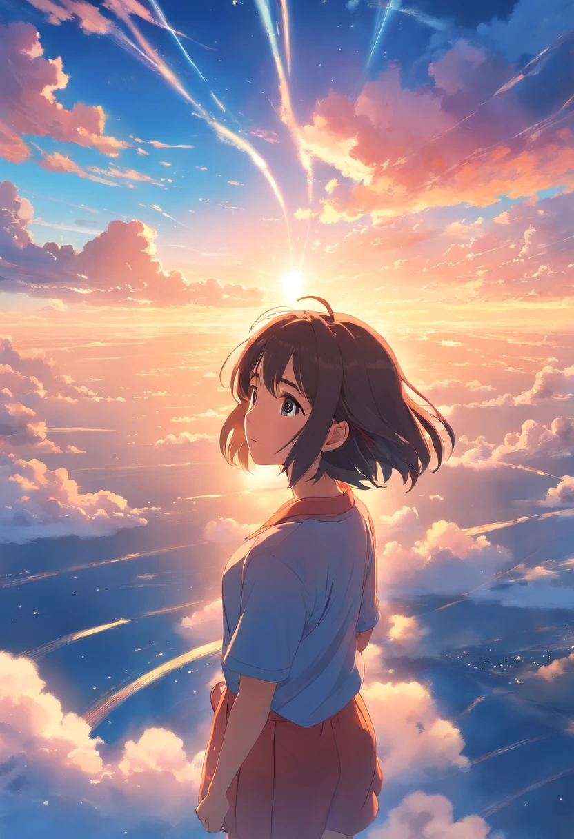 masterpiece, best quality, movie still, 1girl, cloud girl, floating in the sky, close-up, bright, happy, warm soft lighting, sunset, (sparks:0.7)