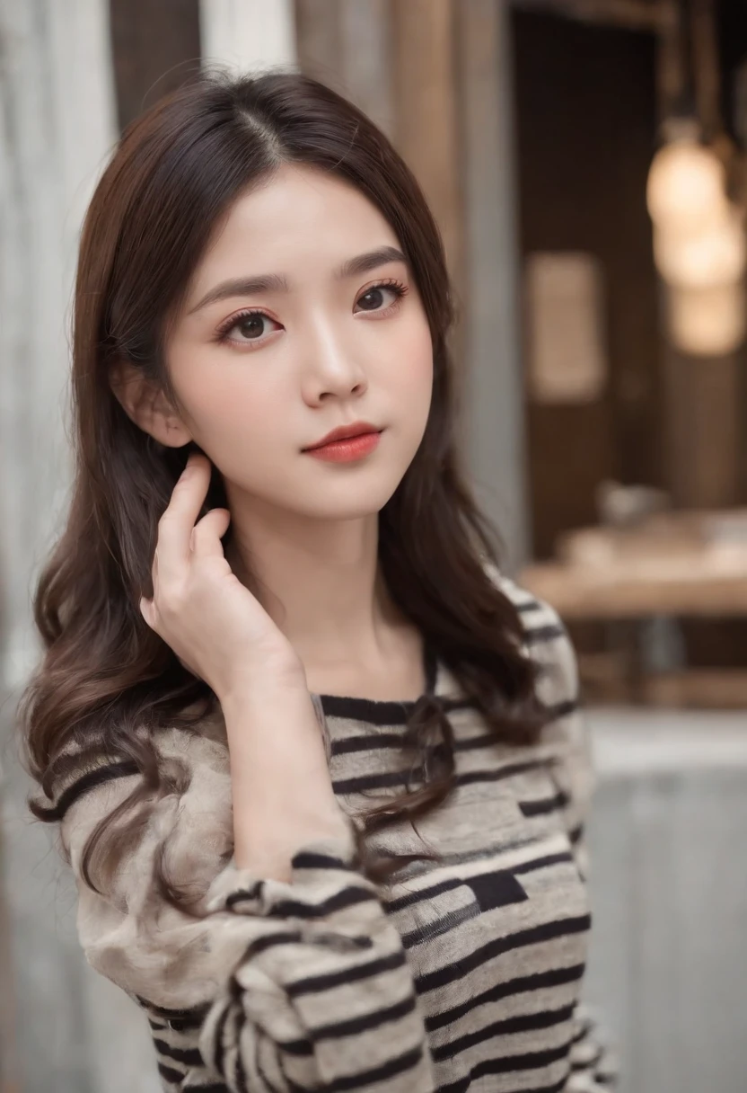 A Japanese Lady、light skinned, Women around 19 years old, Natural black hair, characteristic dark brown eyes,,,,,, Wearing a striped jersey, slender and graceful,,,Beautiful,Ultra Sharp Focus, realistic shot, Athletic wear with vertical stripes、a black skirt、Tetradic color、
(Entrance to the shop、Restaurant with flowers, Cafe on the open terrace,Pastel signs:1.2、European Way:1.5,)、top-quality