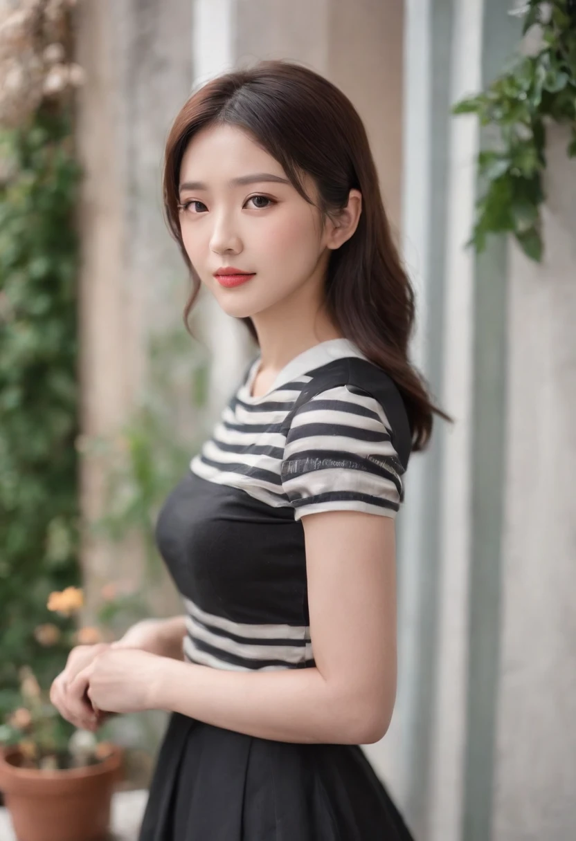 A Japanese Lady、light skinned, Women around 19 years old, Natural black hair, 　characteristic dark brown eyes,,,,,, Wearing a striped jersey, slender and graceful,,,Beautiful,Ultra Sharp Focus, realistic shot, Athletic wear with vertical stripes、a black skirt、Tetradic color、
（Entrance to the shop、Restaurant with flowers, Cafe on the open terrace,Pastel signs:1.2、European Way:1.5,）、top-quality