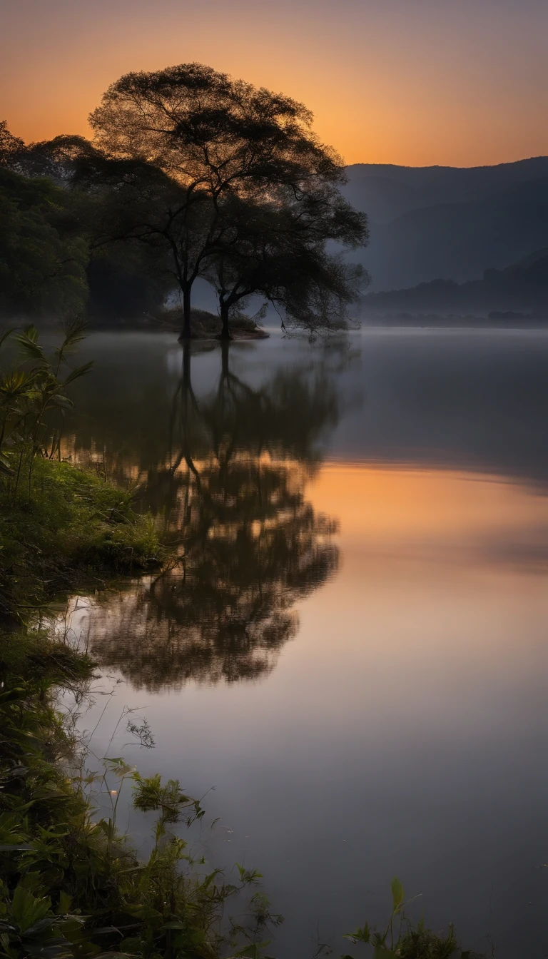Noite de lua cheia brilhante, lake reflecting the shadow of an ipê tree. Sense of tranquility and natural beauty. transmitir impacto visual impressionante. ultra realista e detalhado.