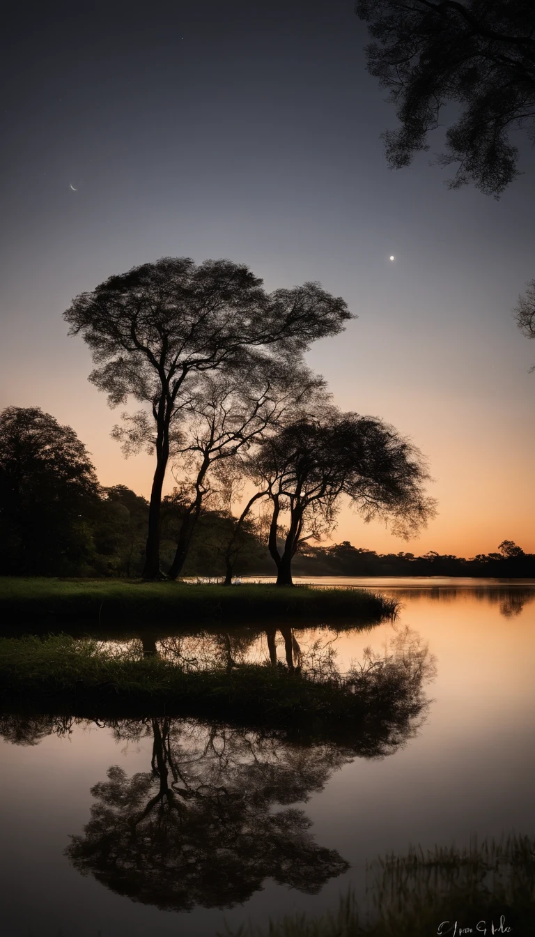 Noite de lua cheia brilhante, lake reflecting the shadow of an ipê tree. Sense of tranquility and natural beauty. transmitir impacto visual impressionante. ultra realista e detalhado.