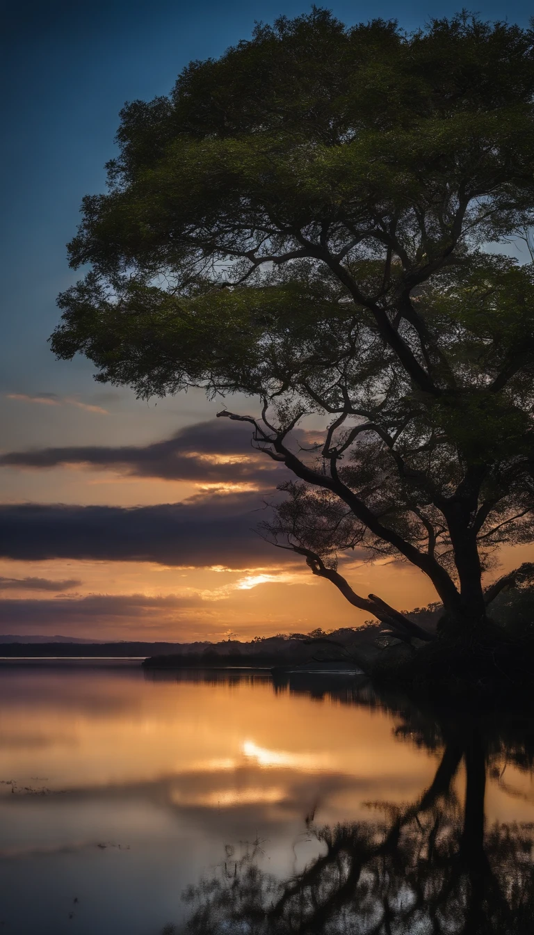 Noite de lua cheia brilhante, lake reflecting the shadow of an ipê tree. Sense of tranquility and natural beauty. transmitir impacto visual impressionante. ultra realista e detalhado.