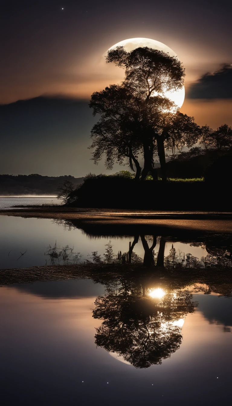 Noite de lua cheia brilhante, lake reflecting the shadow of an ipê tree. Sense of tranquility and natural beauty. transmitir impacto visual impressionante. ultra realista e detalhado.