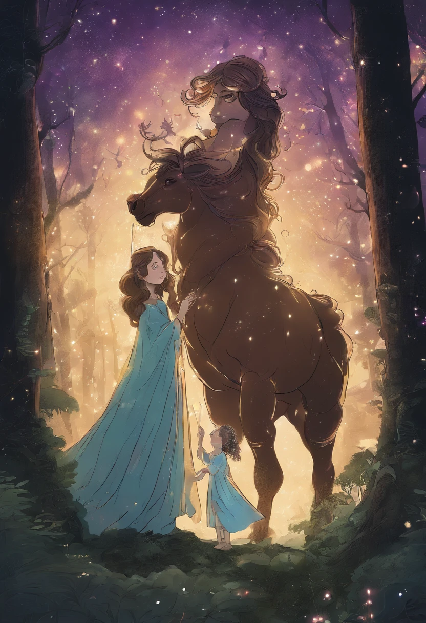 Centaur pointing to the sky and a girl with curly hair sitting on the ground, forest, Hogwarts robes, students sitting on the ground, magic, night, firefly lights, stars in the sky