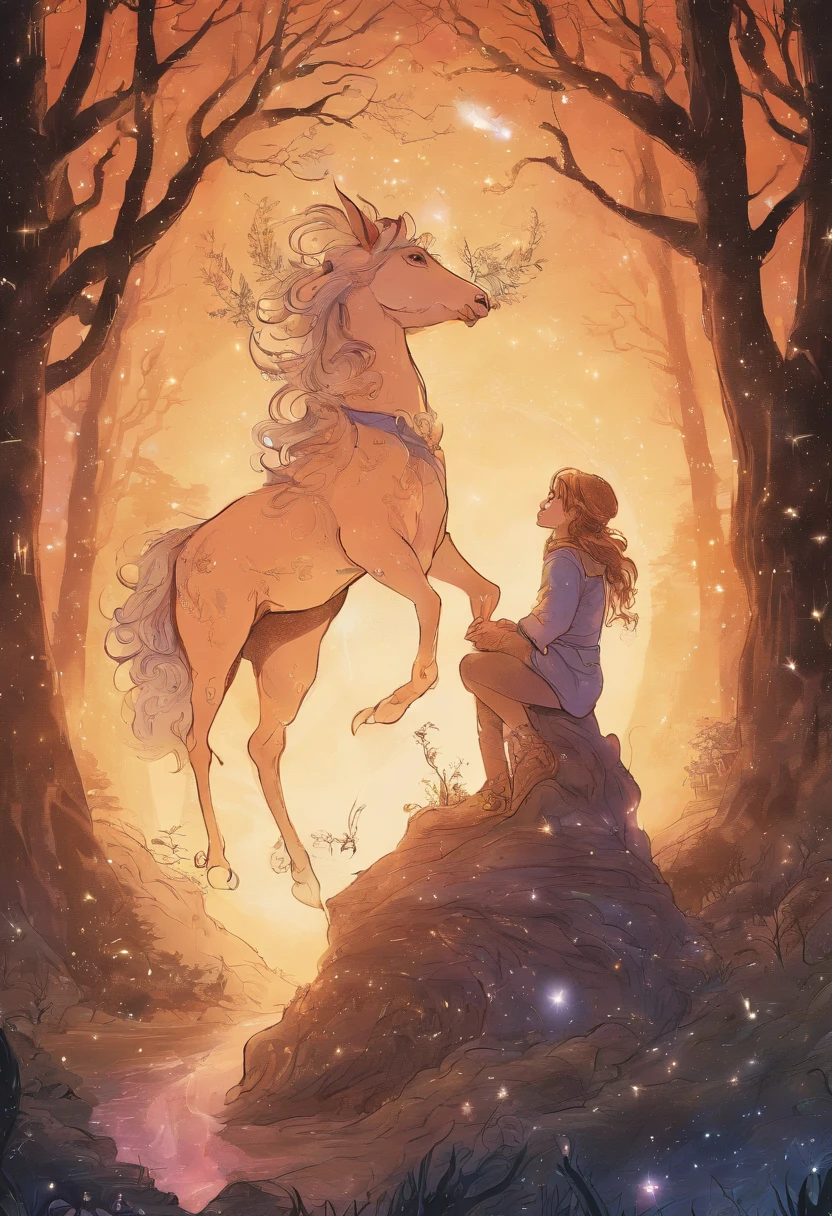 Centaur pointing to the sky and a 12 year old girl with curly hair sitting on the ground, forest, Hogwarts robes, students sitting on the ground, magic, night, firefly lights, stars in the sky