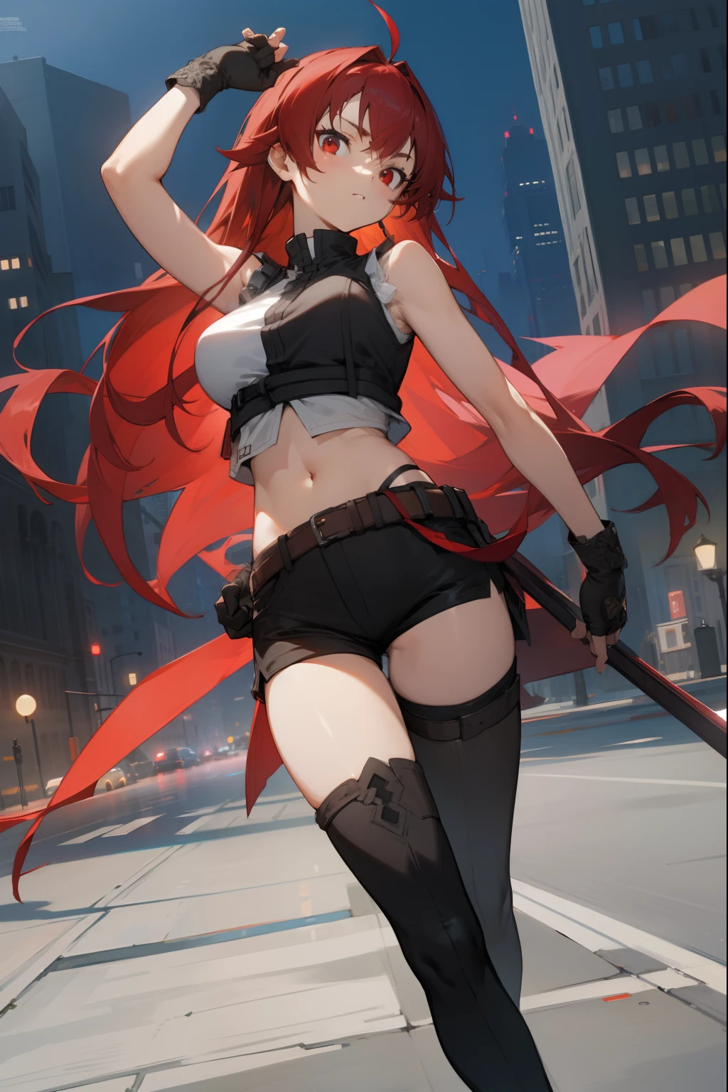 erisgreyrat, eris greyrat, ahoge, hair between eyes, long hair, (red eyes:1.5), red hair, sidelocks, (large breast:1.2),
BREAK bare arms, bare shoulders, belt, black footwear, black gloves, black shorts, black thighhighs, boots, crop top, fingerless gloves, gloves, midriff, navel, shirt, short shorts, shorts, sleeveless, sleeveless shirt, stomach, thigh boots, thighhighs, white shirt, wing collar
BREAK looking at viewer,
BREAK outdoors, city,
BREAK (masterpiece:1.2), best quality, high resolution, unity 8k wallpaper, (illustration:0.8), (beautiful detailed eyes:1.6), extremely detailed face, perfect lighting, extremely detailed CG, (perfect hands, perfect anatomy),