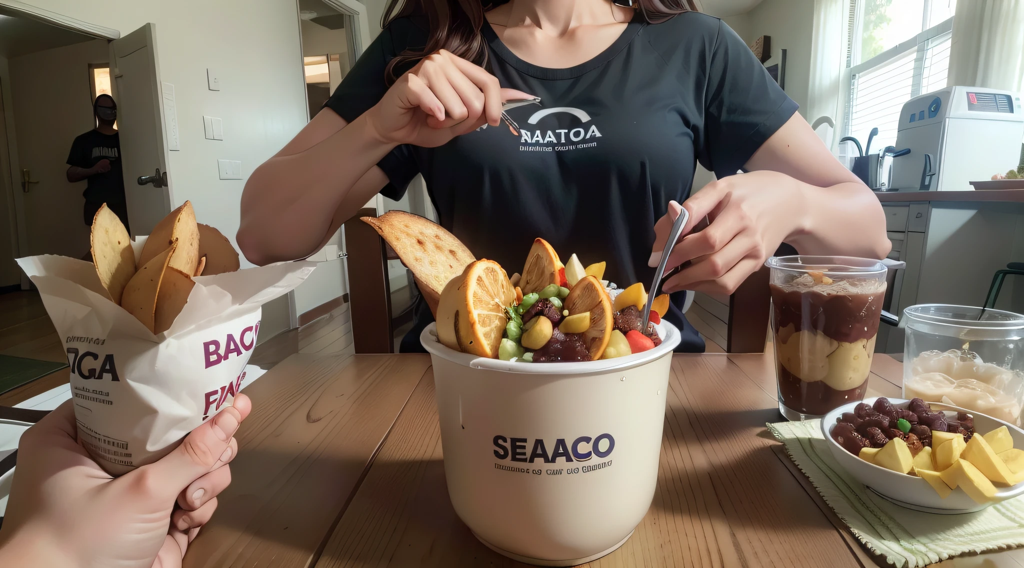 Image of a person holding two snack options: um saco de batatas fritas e uma bandeja de legumes e frutas cortados. Create something that conveys the message that making healthy food choices is an important step on the path to weight loss and a healthier life with name on the shirt and balance written on the scale..