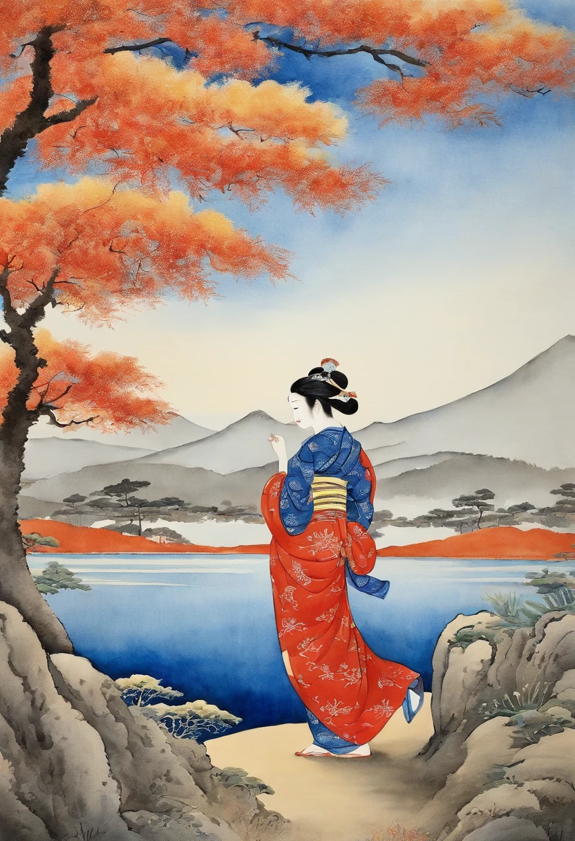 Best Quality, style of hokusai, ukiyoe painting, femele,Hurray Shiru