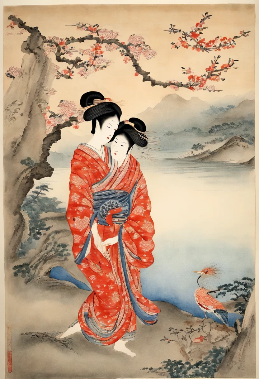 Best Quality, style of hokusai, ukiyoe painting, femele,Hurray Shiru