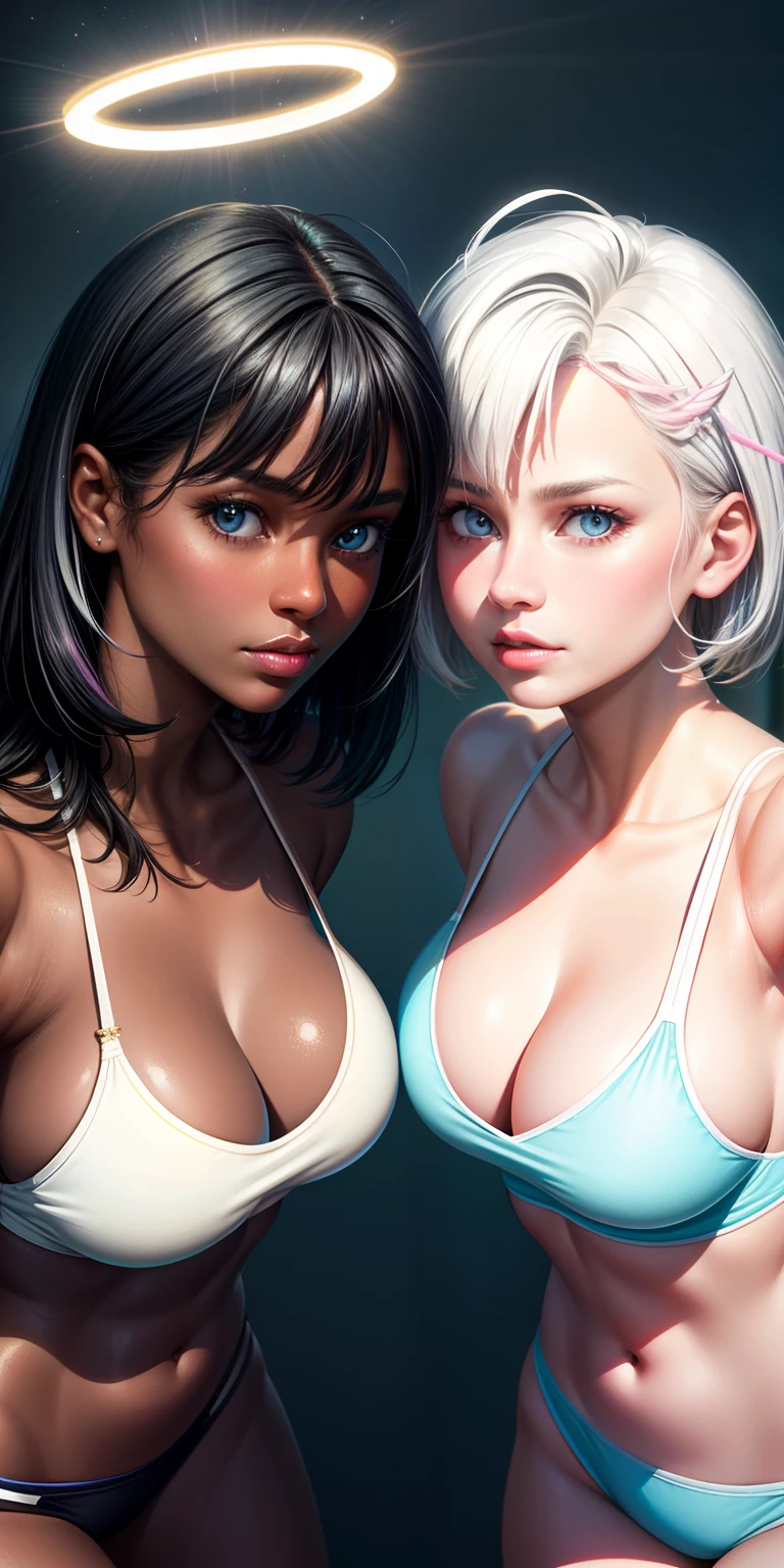 Realistic, 2 women, selfie, cleavage emphasis, 2girls,one girl has dark skin the other has white skin, the white girl has short white hair with pink tips, the other dark skinned girl has black hair with blue tips, {{{halo}}}, {{{angel wings}}}