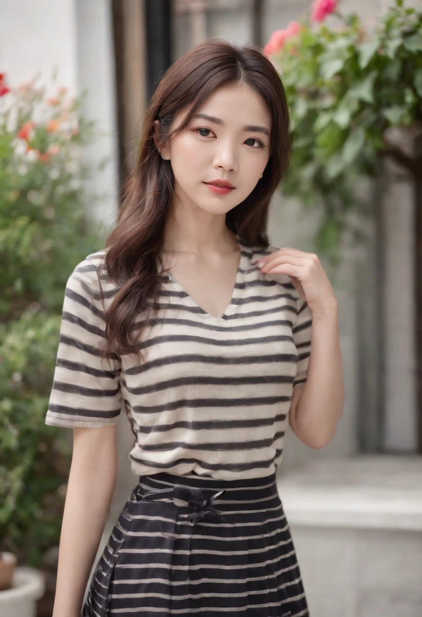 A Japanese Lady、light skinned, Women around 19 years old, Natural black hair, 　characteristic dark brown eyes,,,,,,, Wearing a striped jersey, slender and graceful,,,,Beautiful,Shallow focus, realistic shot, Athletic wear with vertical stripes、a black skirt、
（Entrance to the shop、Restaurant with flowers, Cafe on the open terrace,Pastel signs:1.2、European Way:1.5,）、top-quality