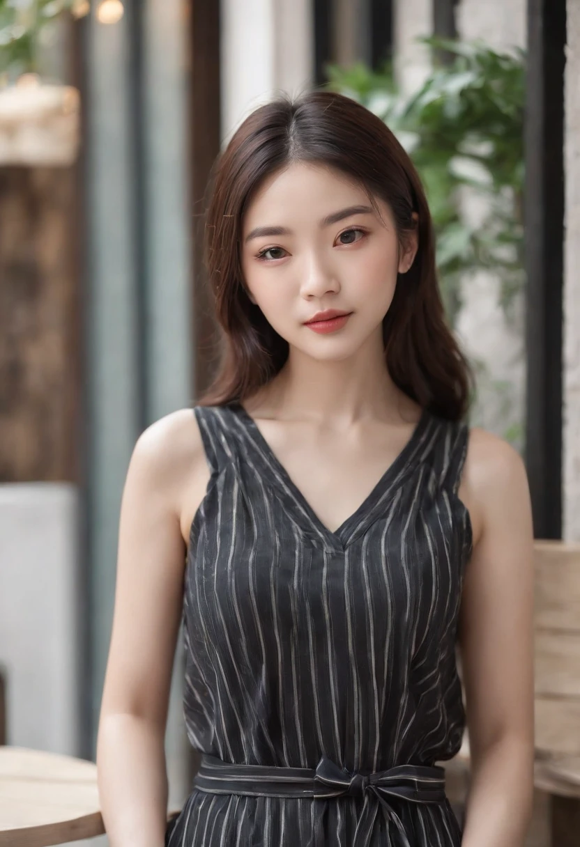 A Japanese Lady、light skinned, Women around 19 years old, Natural black hair, characteristic dark brown eyes,,,,,,, Wearing a striped jersey, slender and graceful,,,,Beautiful,Shallow focus, realistic shot, Athletic wear with vertical stripes、a black skirt、
(Entrance to the shop、Restaurant with flowers, Cafe on the open terrace,Pastel signs:1.2、European Way:1.5,)、top-quality