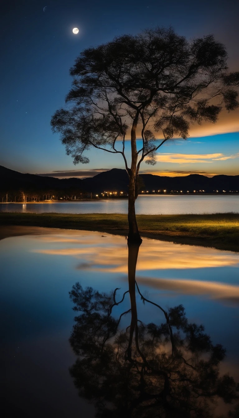 Noite de lua cheia brilhante, lake reflecting the shadow of an ipê tree. Sense of tranquility and natural beauty. transmitir impacto visual impressionante. ultra realista e detalhado. lua cheia com bastante destaque na imagem.
